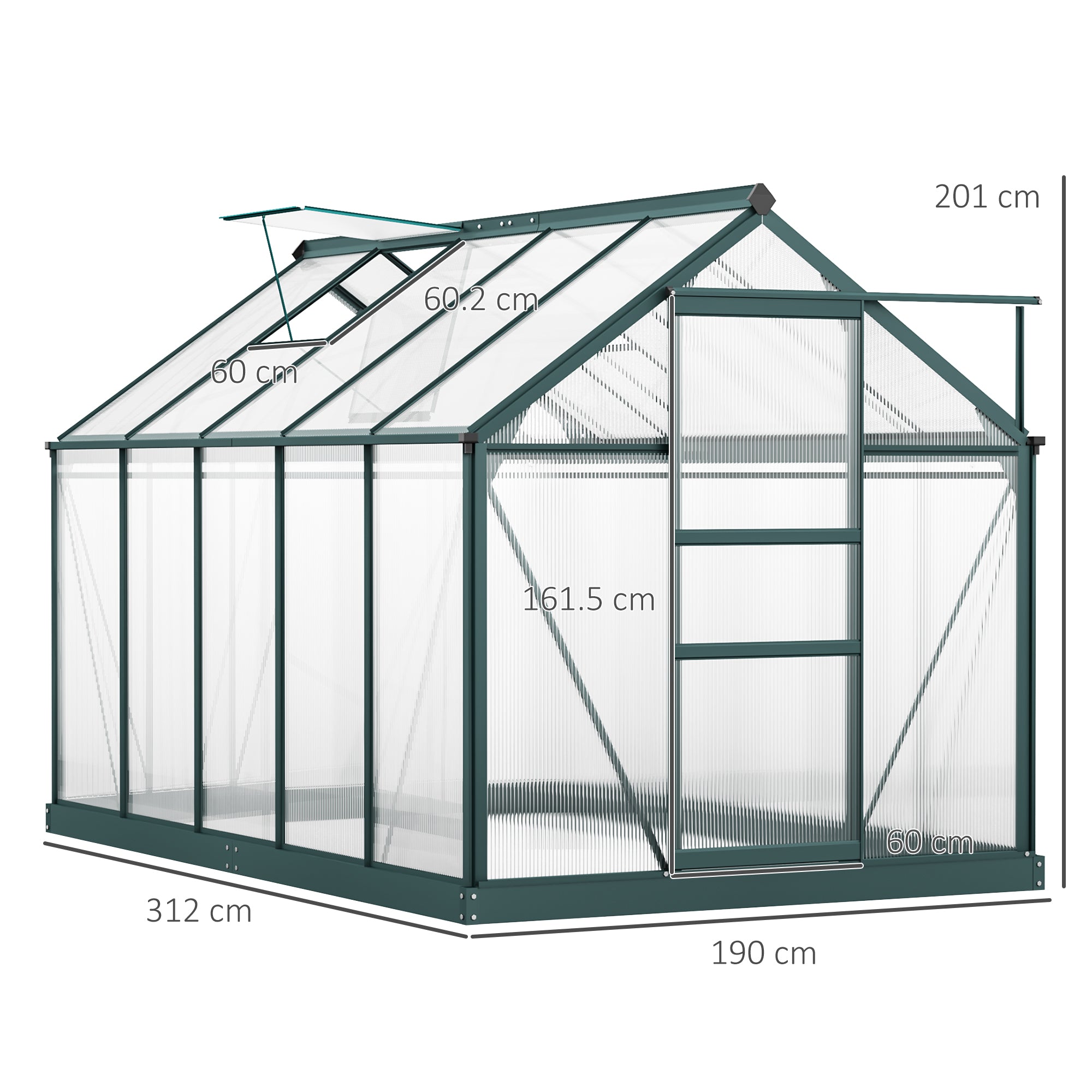 6 x 10ft Polycarbonate Greenhouse, Walk-In with Slide Door and Window, Dark Green