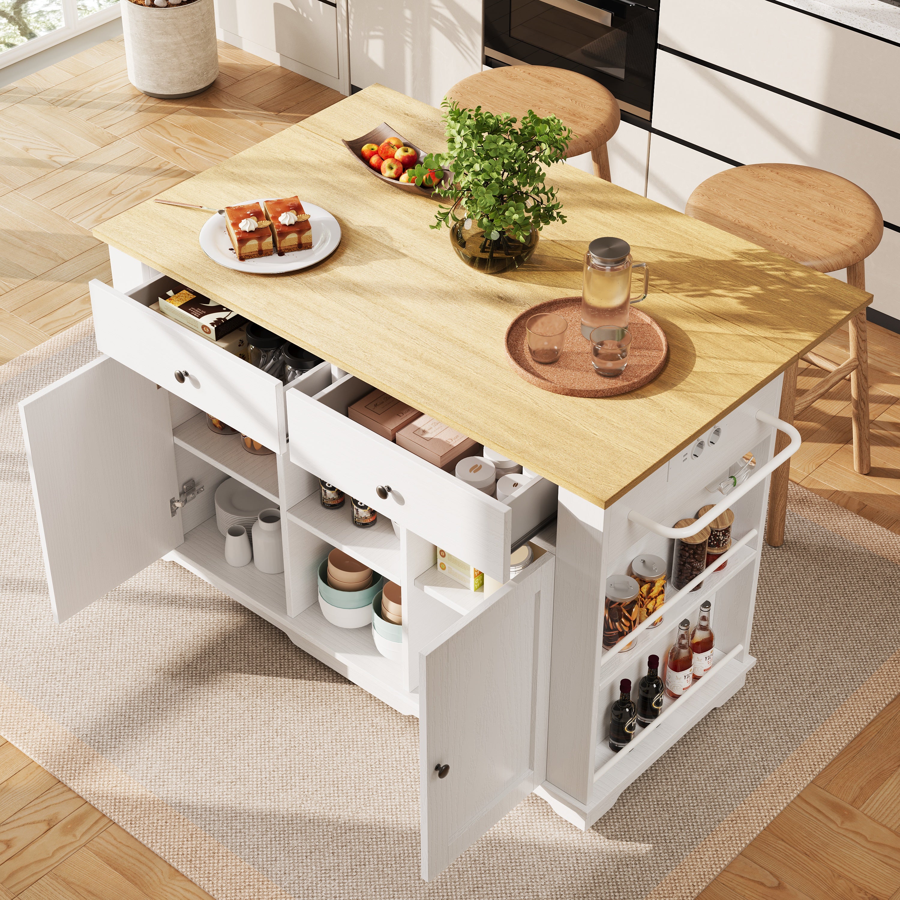 Kitchen Island Trolley Worktop Power Strip Wood Grain White