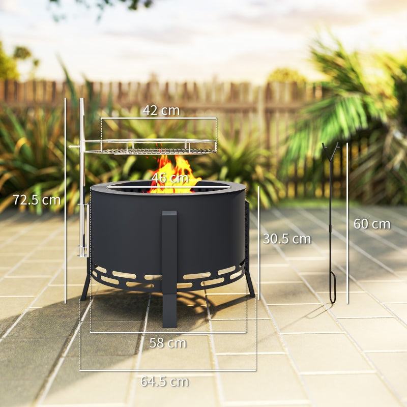 Portable Fire Pit 58cm Round Grill Grate Ash Catcher Poker, Black