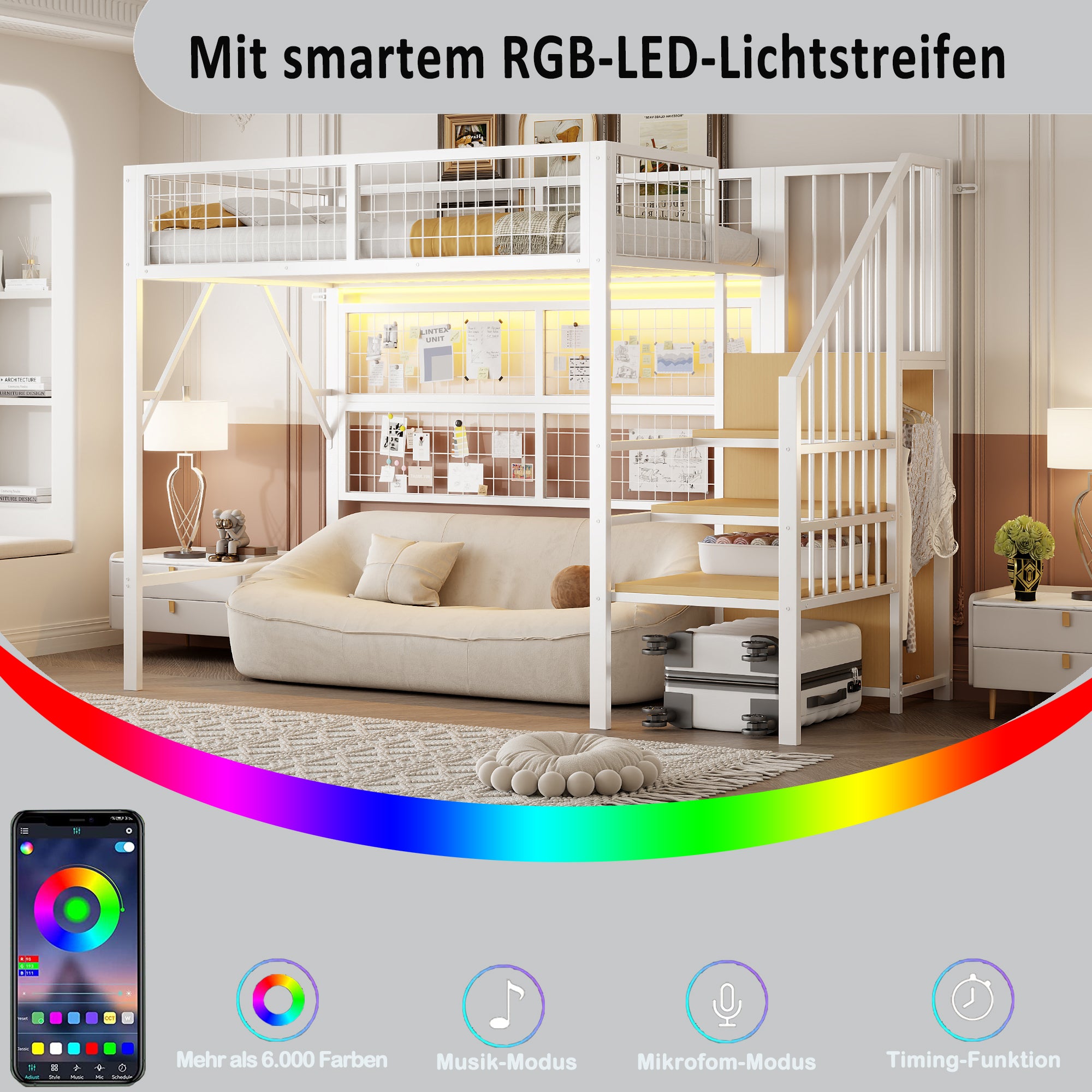 Iron Loft Bed, 90x200 with LED, Storage Stairs, Open Wardrobe, Black and White Metal