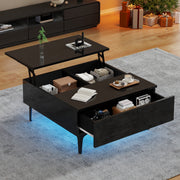 Coffee Table, 70x70x35cm Height-Adjustable with Hidden Storage & Shelves, Black High-Gloss