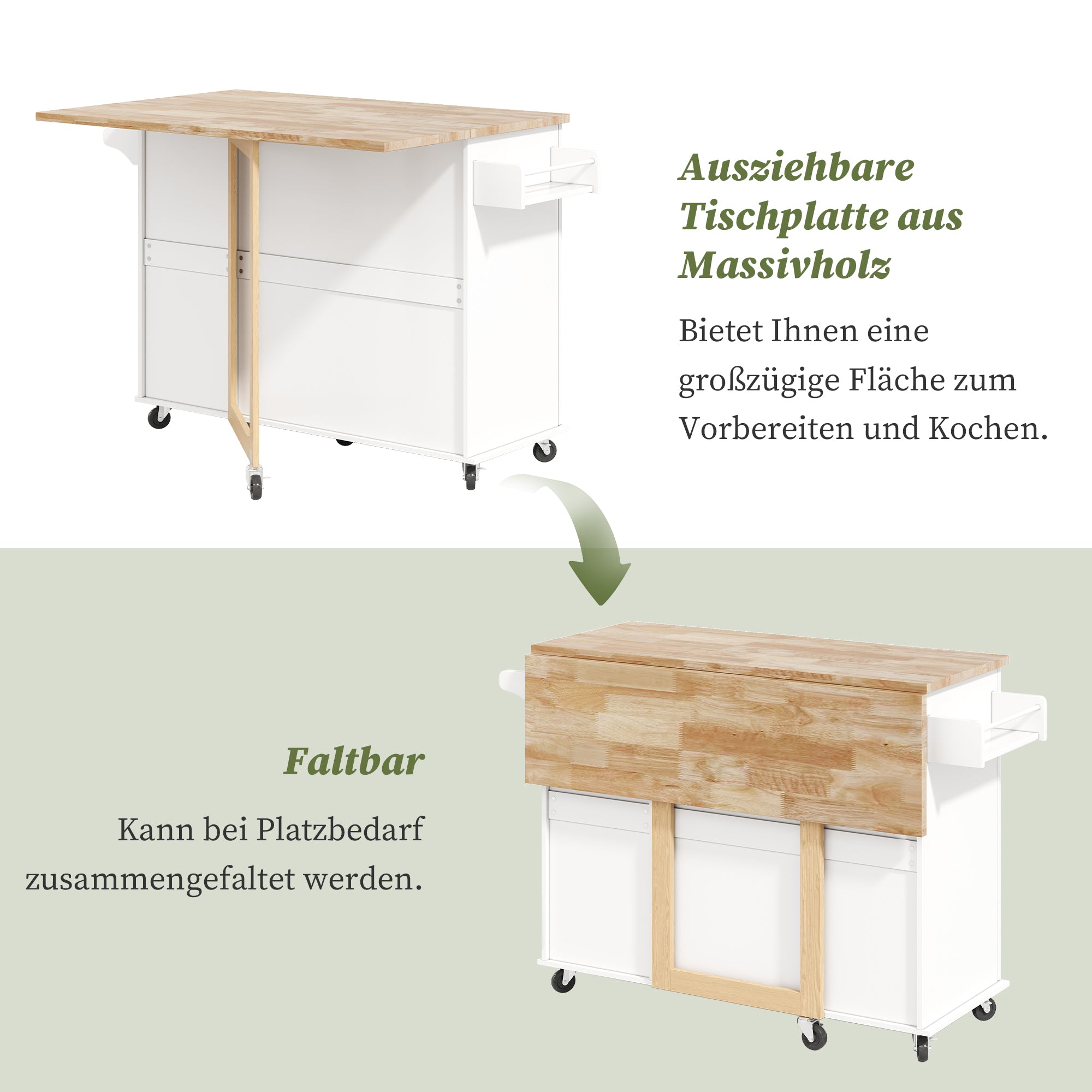 Mobile Kitchen Table with Foldable Oak Worktop and 3 Drawers, Oak and White