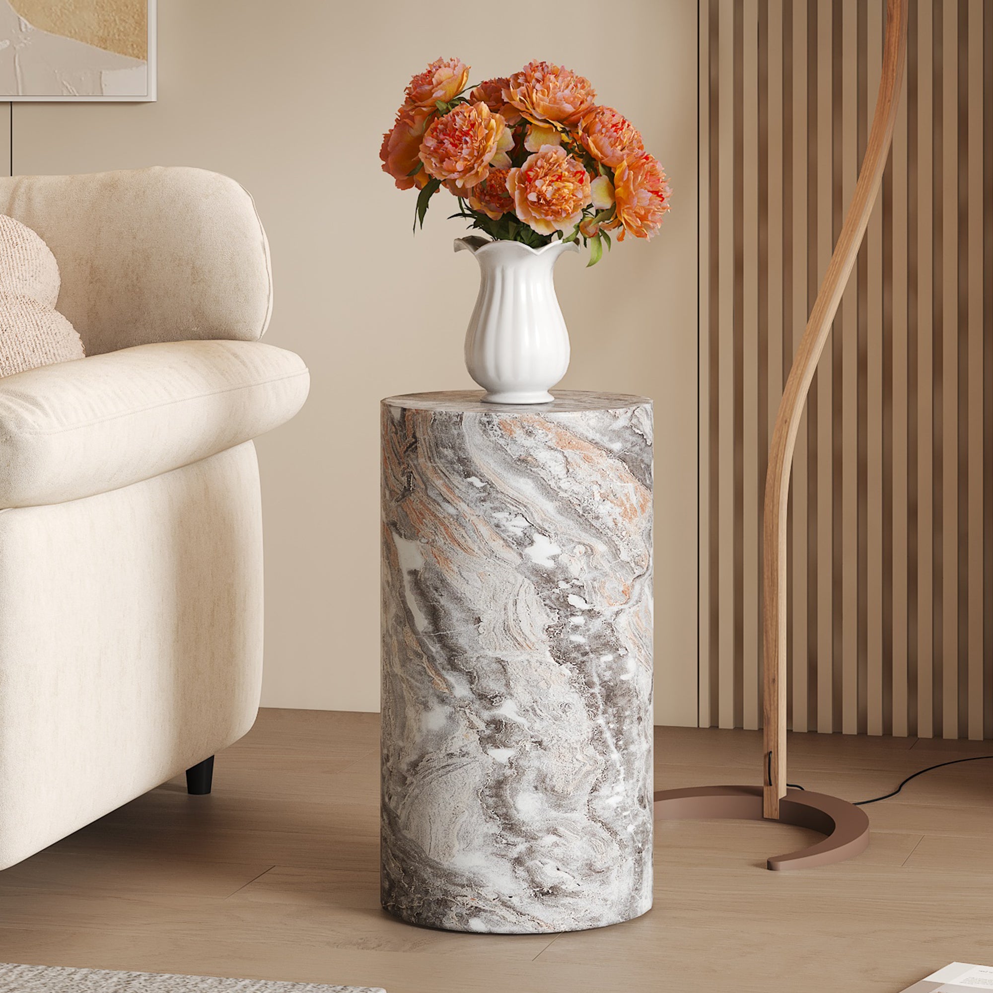 Coffee Table Round MDF Minimalist Design Small Side Table Grey Marble Look