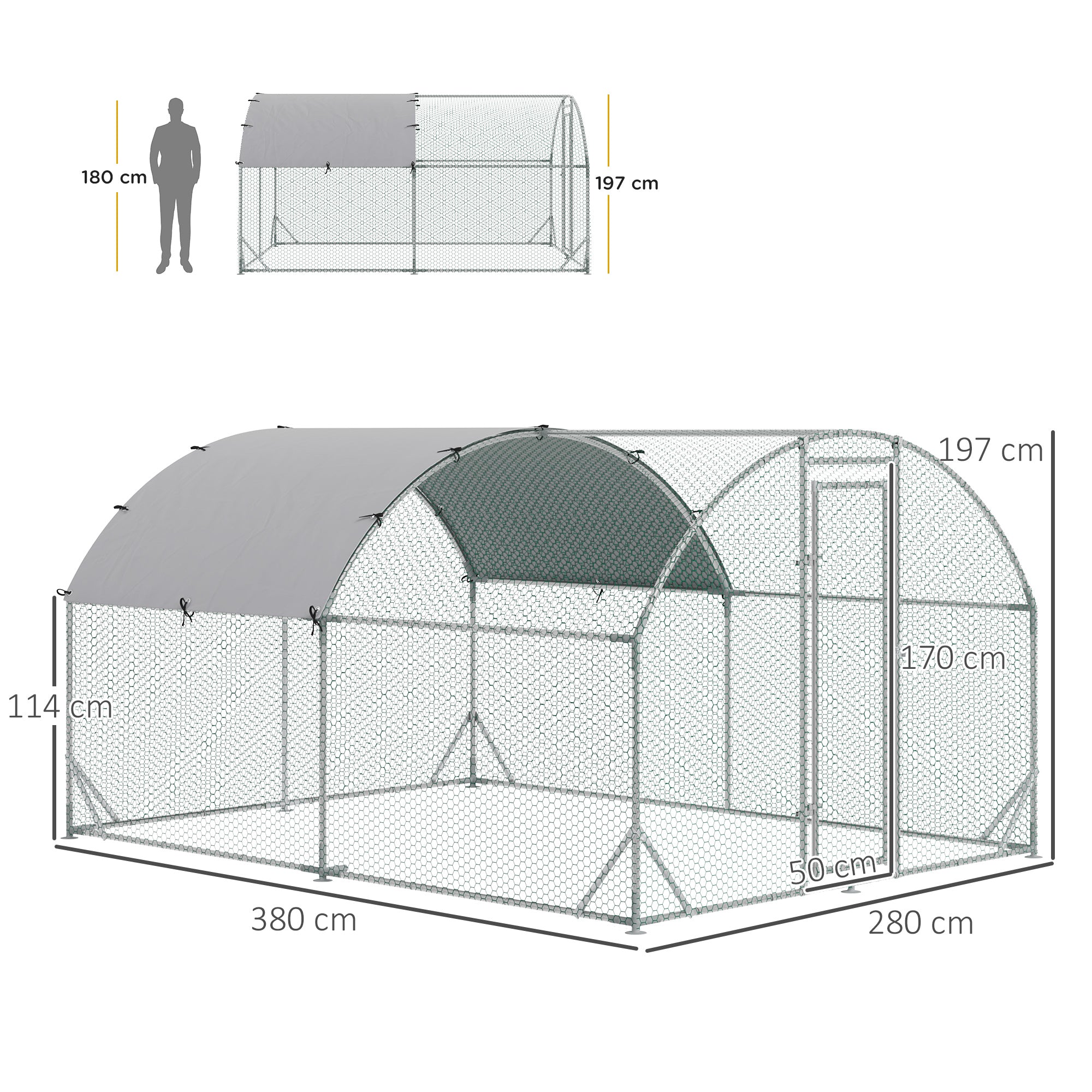Chicken Coop Free-Range Enclosure, 280 x 380 x 197 cm, Steel