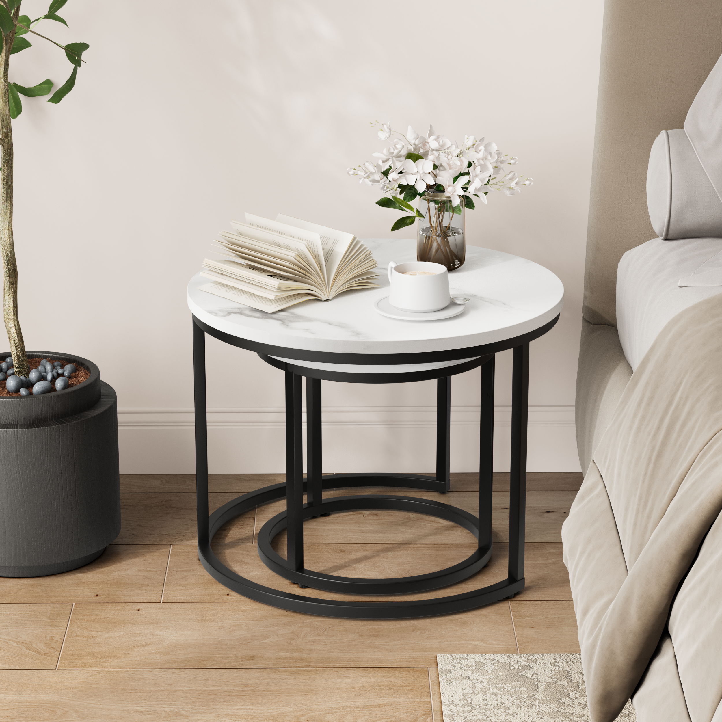 Nested coffee table 2 piece set, 60cm metal frame round modern, white