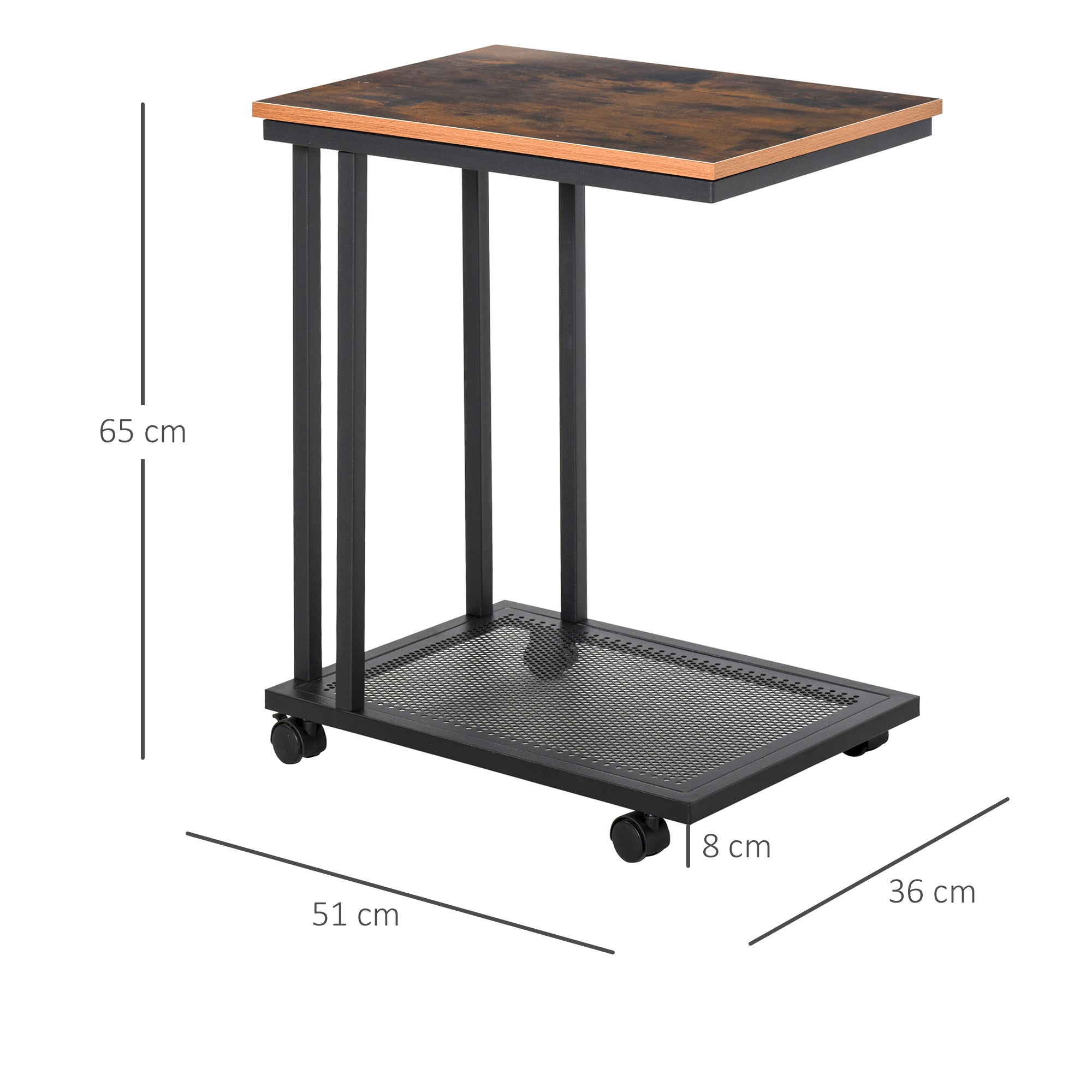 Side Table C-Shaped Rolling Serving Cart Wood Metal Black Walnut