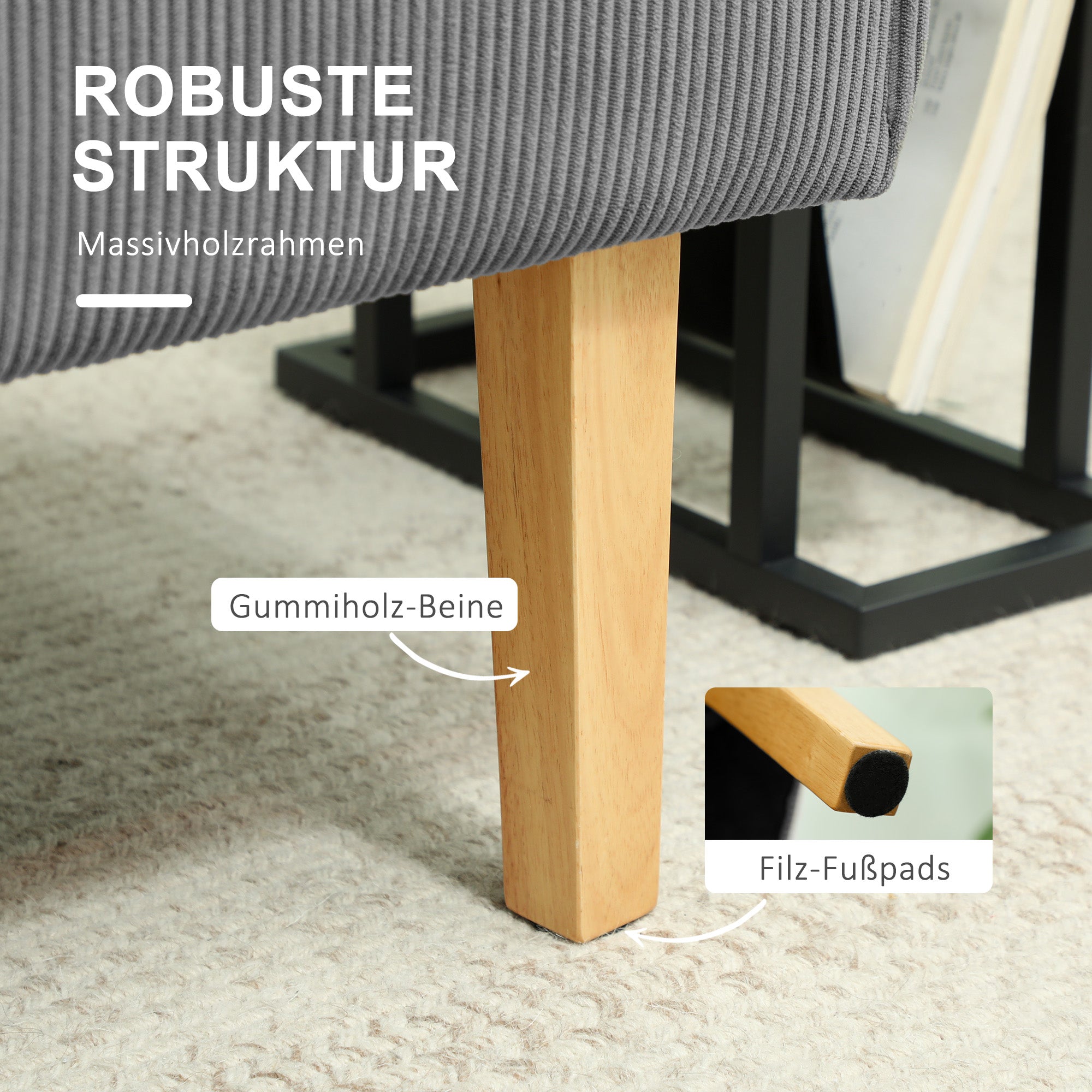 2-Seater Sofa Upholstered Wooden Legs 110cm Corduroy-Look, Grey