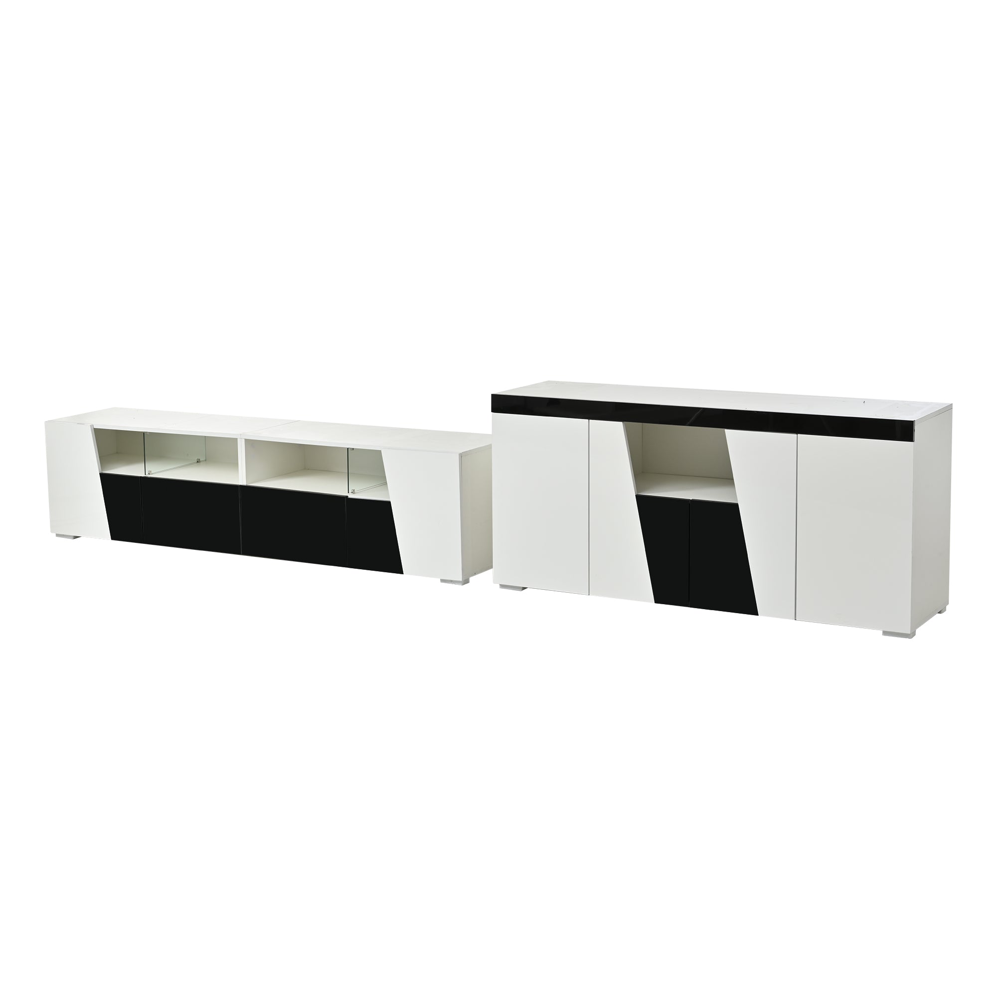 TV Cabinet and Sideboard Set High-Gloss LED Lowboard - Black and White