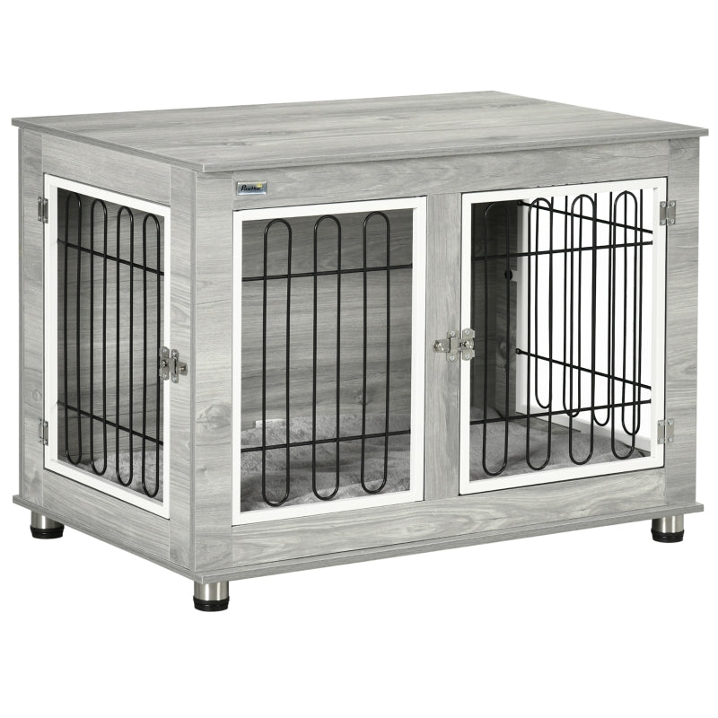 Dog Crate Furniture End Table, Washable Cushion Double Doors, Grey
