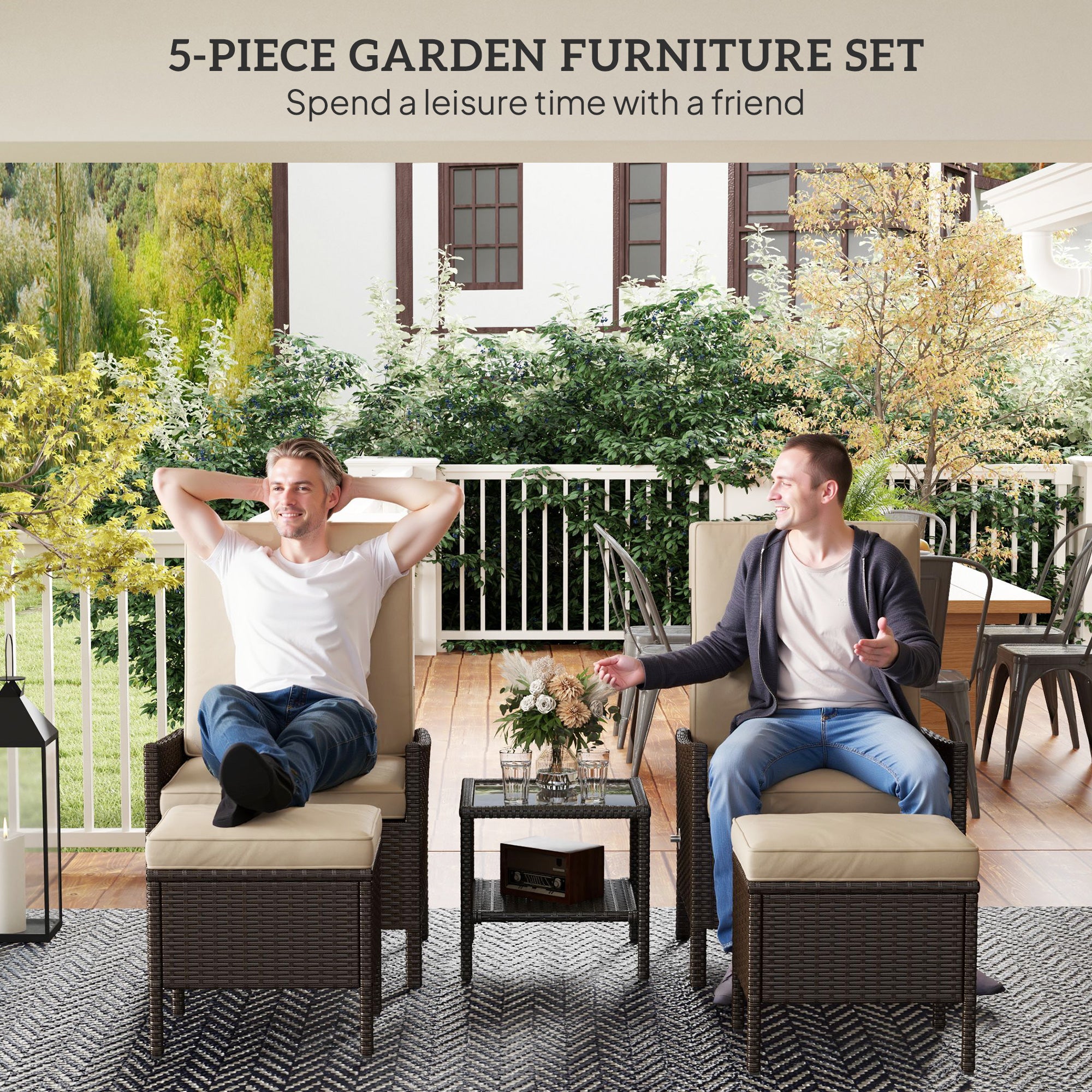 5 Piece Rattan Garden Furniture Set with Armchairs and Footstools, Khaki Wicker