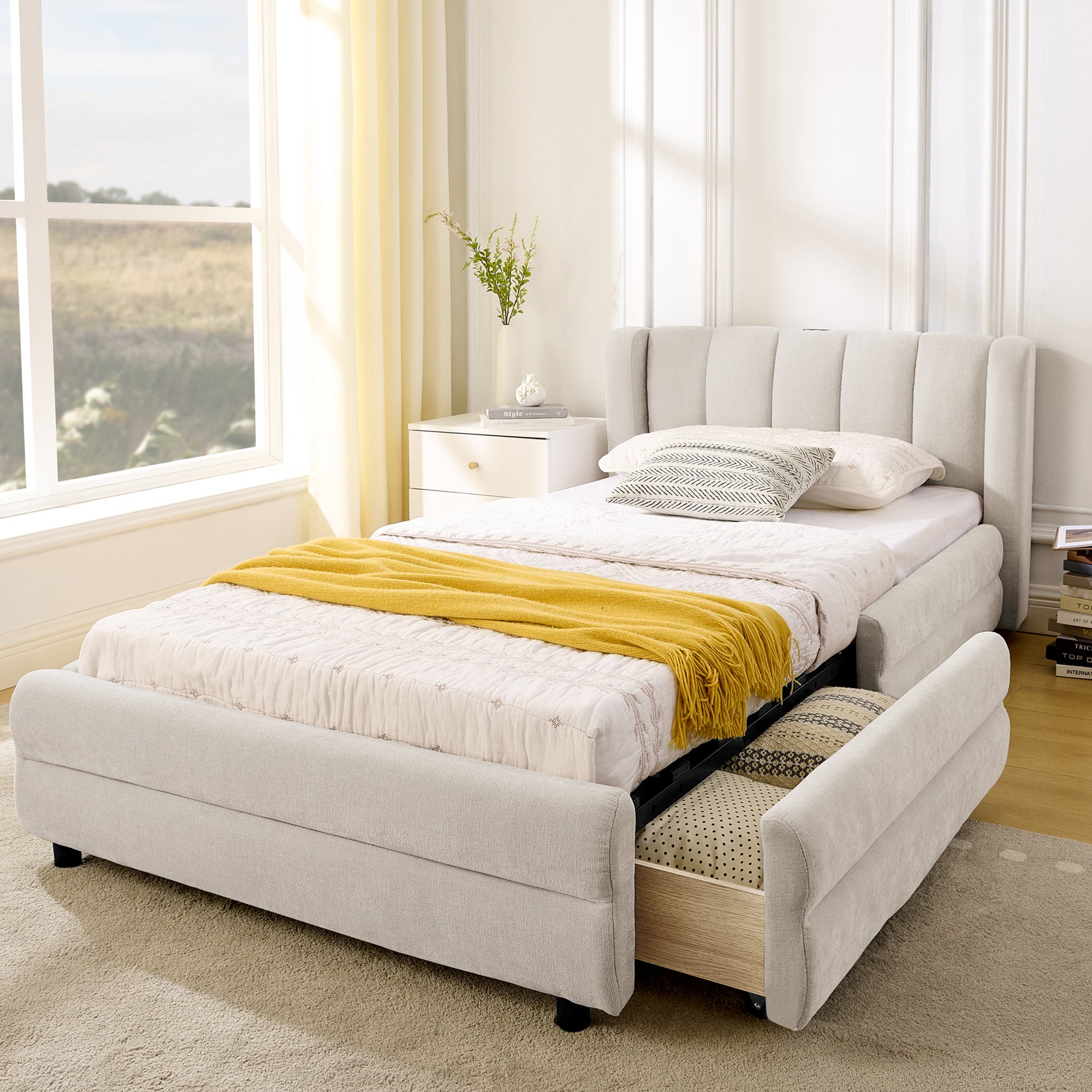 Single Bed 90x200 cm with Side Storage and USB Charging Port, Beige Chenille Fabric