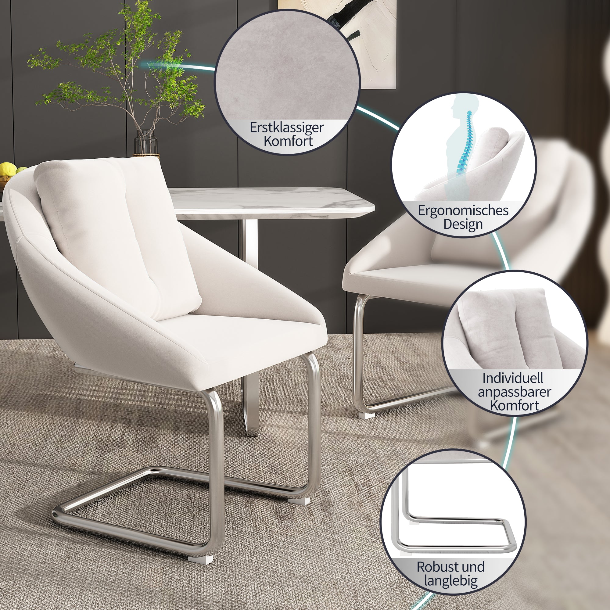 Velvet Dining Chair Set of 4, Luxurious Swivel with Cushions and Curved Legs, Beige Samt