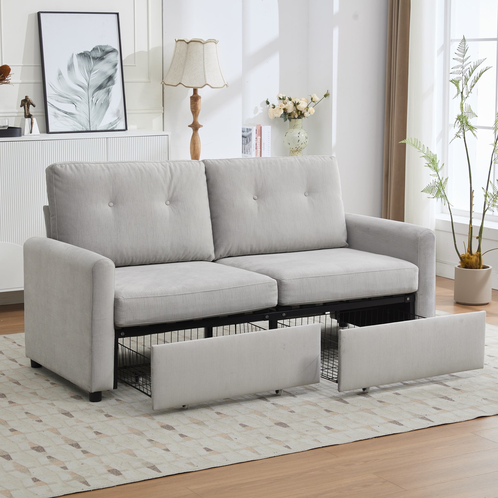 Sofa 2-Seater with Drawer Storage Light Grey Durable Fabric