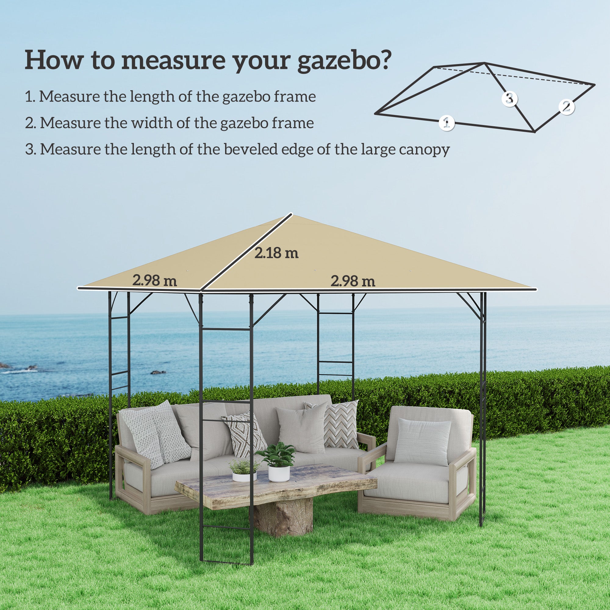 Gazebo Canopy Replacement Cover 3x3m Drain Holes Water Resistant Beige