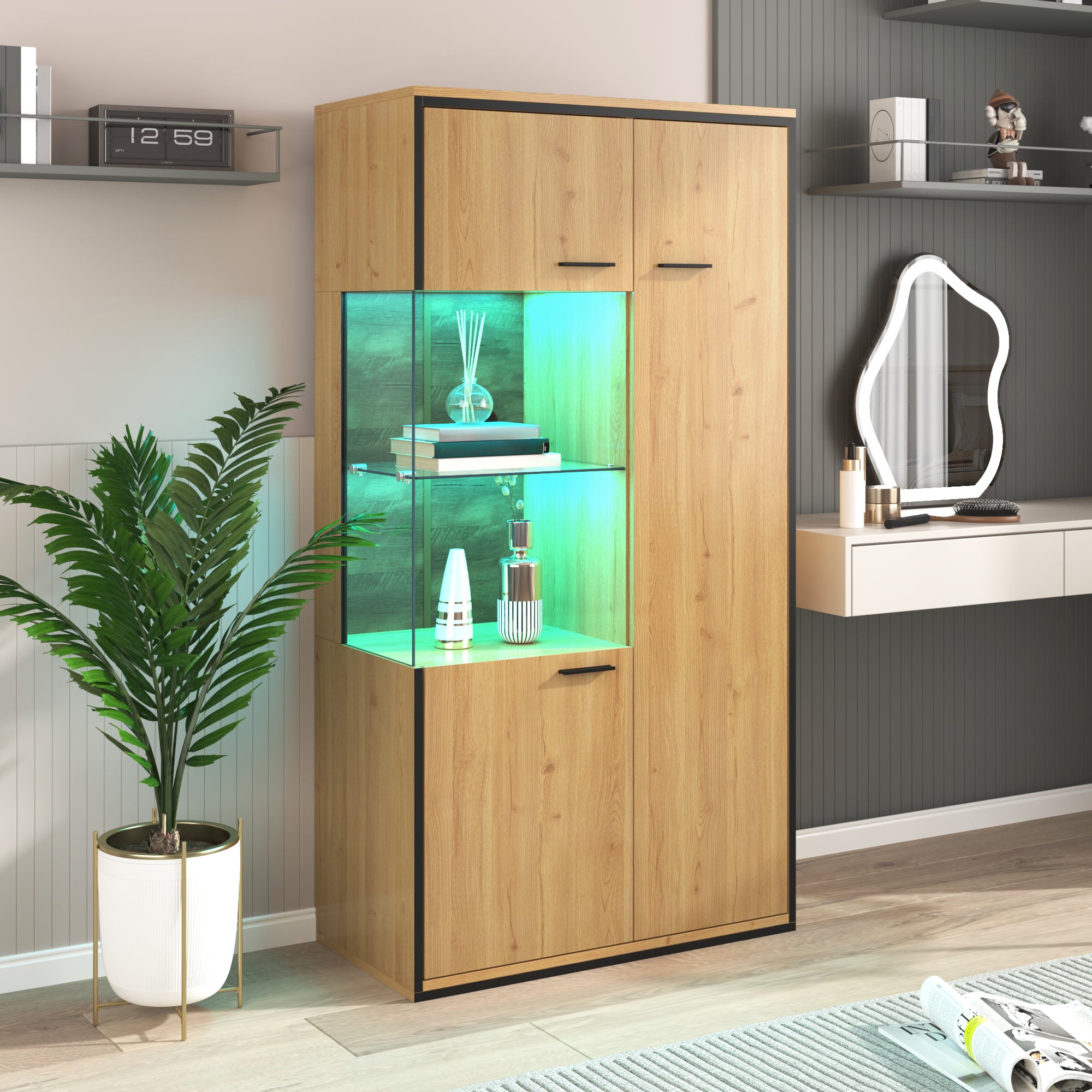 Display Cabinet, 150Hcm LED Glass Multi-Purpose, 15 Color Options