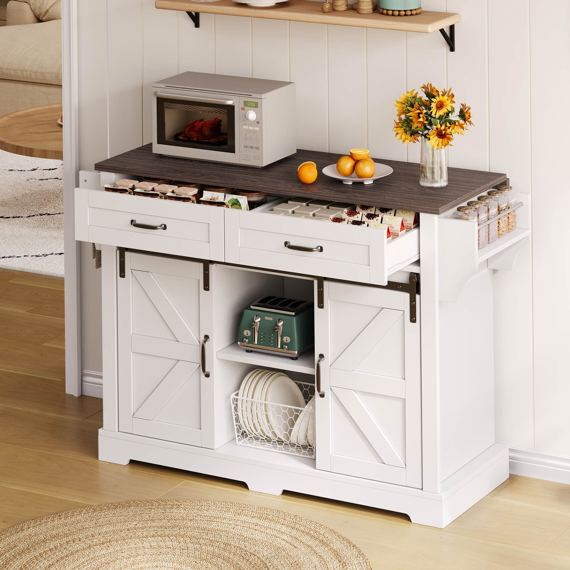 Kitchen Island with Fold-Down Worktop and Sliding Doors, Barn Style, White