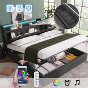 Upholstered Double Bed with USB Charging, LED Lighting & Storage Headboard, Wooden Slatted Frame, Grey