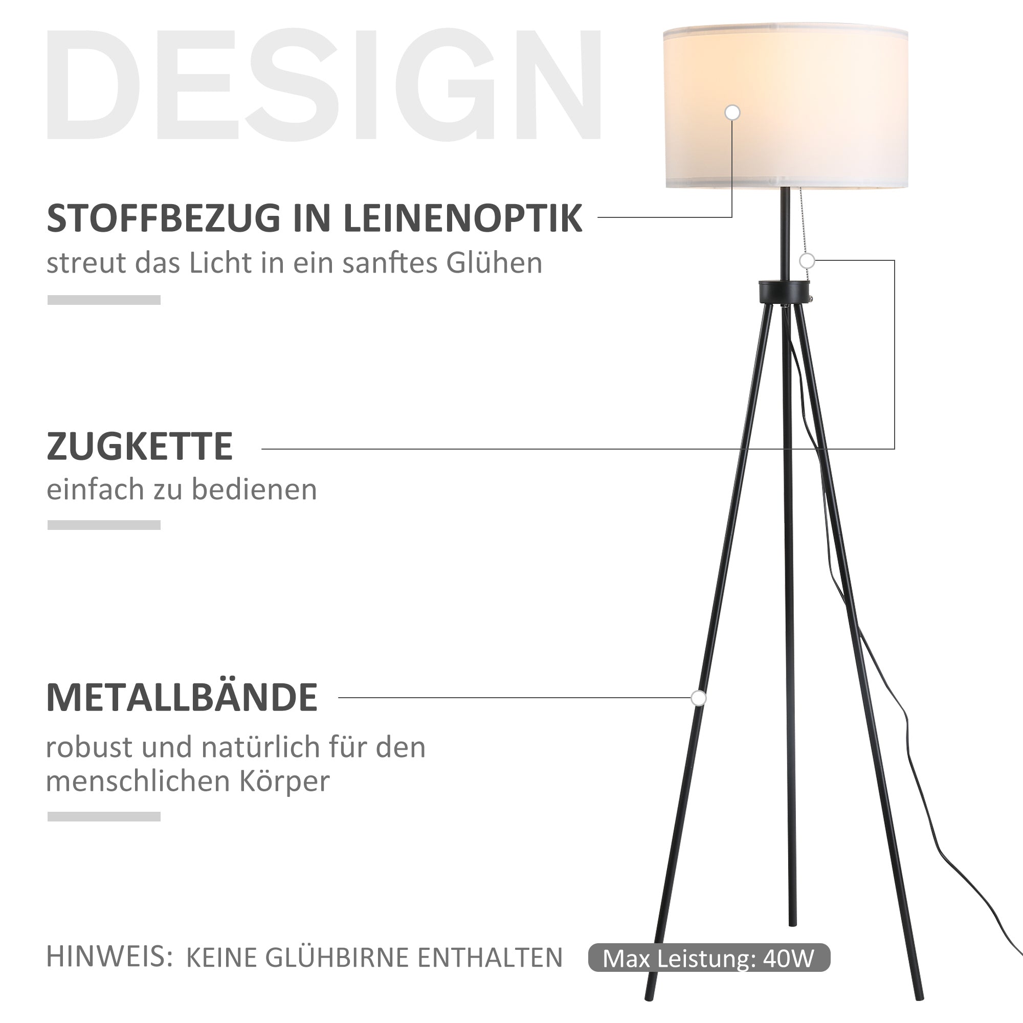 Floor lamp modern E27 stylish, black & white, steel & polyester