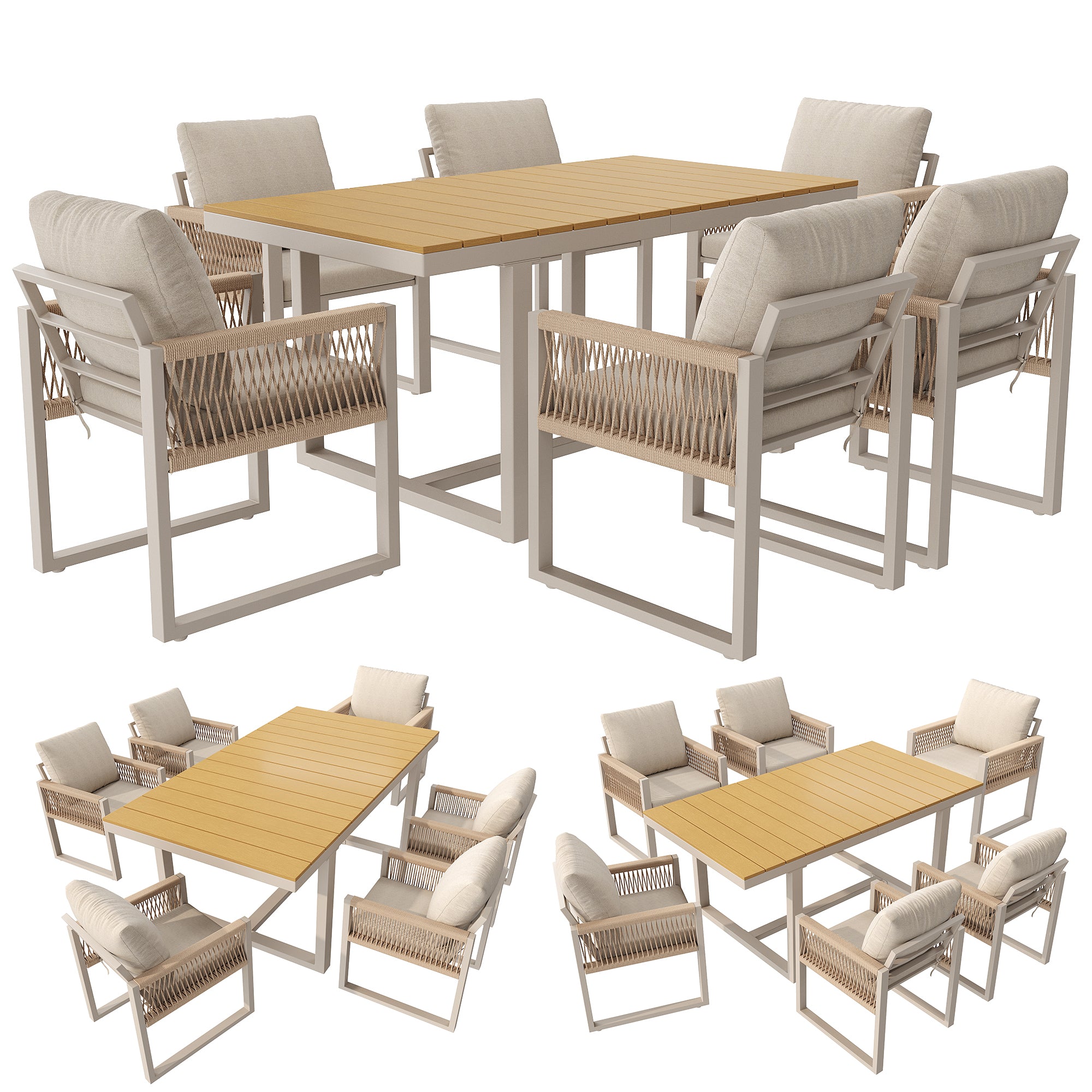 7-Piece Garden Dining Set with 1 Table and 6 Rope Weave Chairs, Weatherproof Cushions, Beige