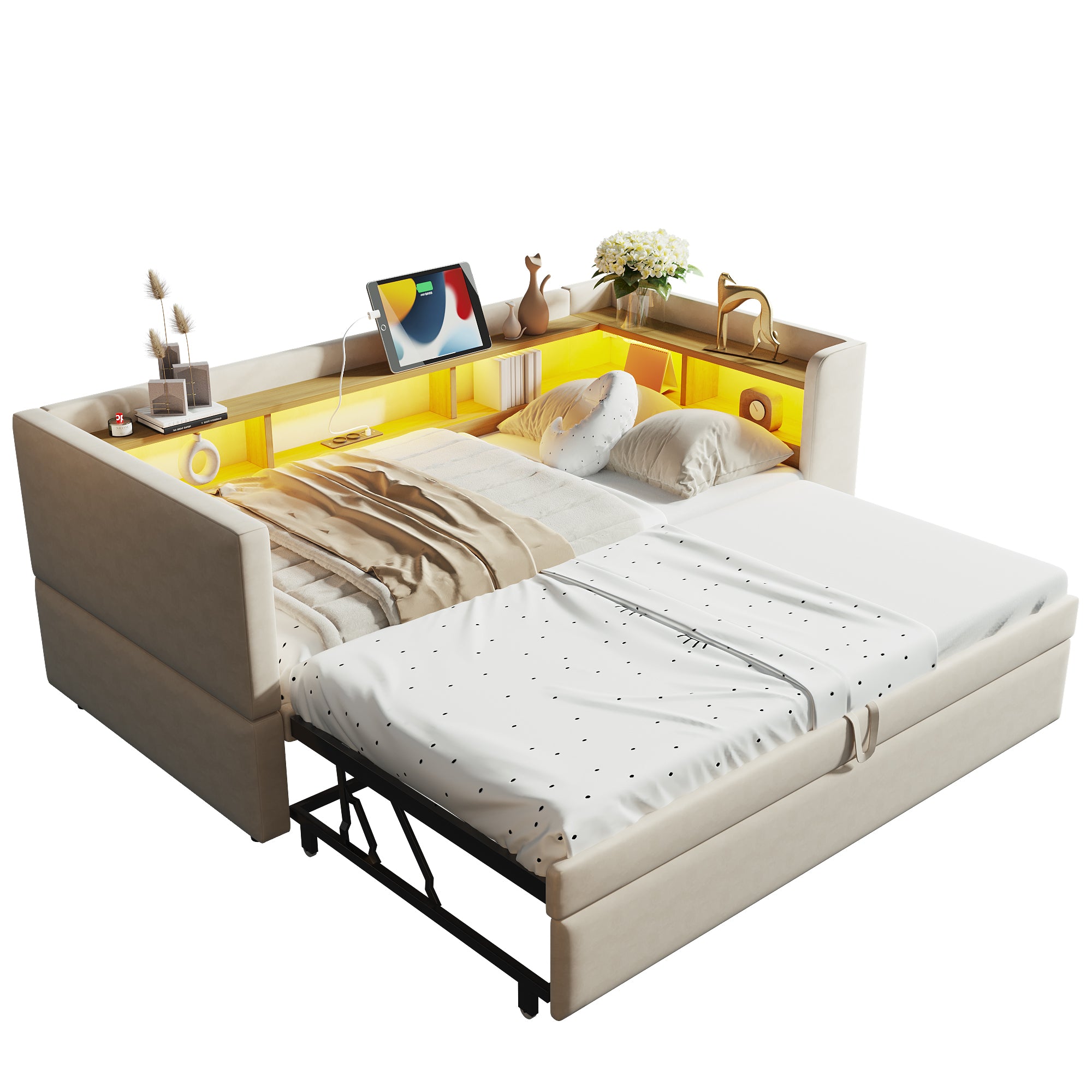 Upholstered Bed, Pull-Out Sofa Bed 90/180*190cm with LED Lights, Sockets & Storage - Beige