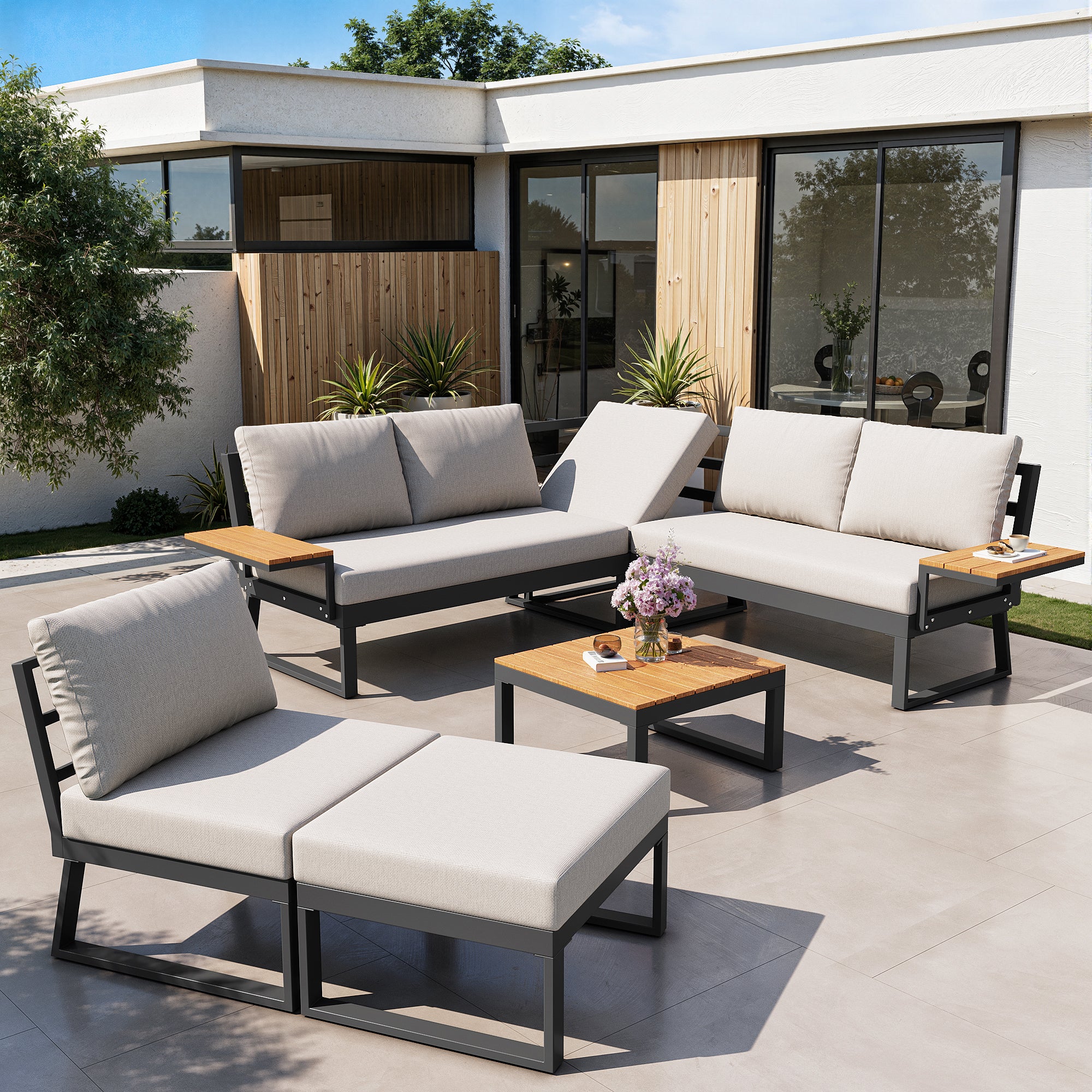 L-shaped Garden Sofa Set 7-Seater Lounger with Table Armchair Stool - Grey/Beige