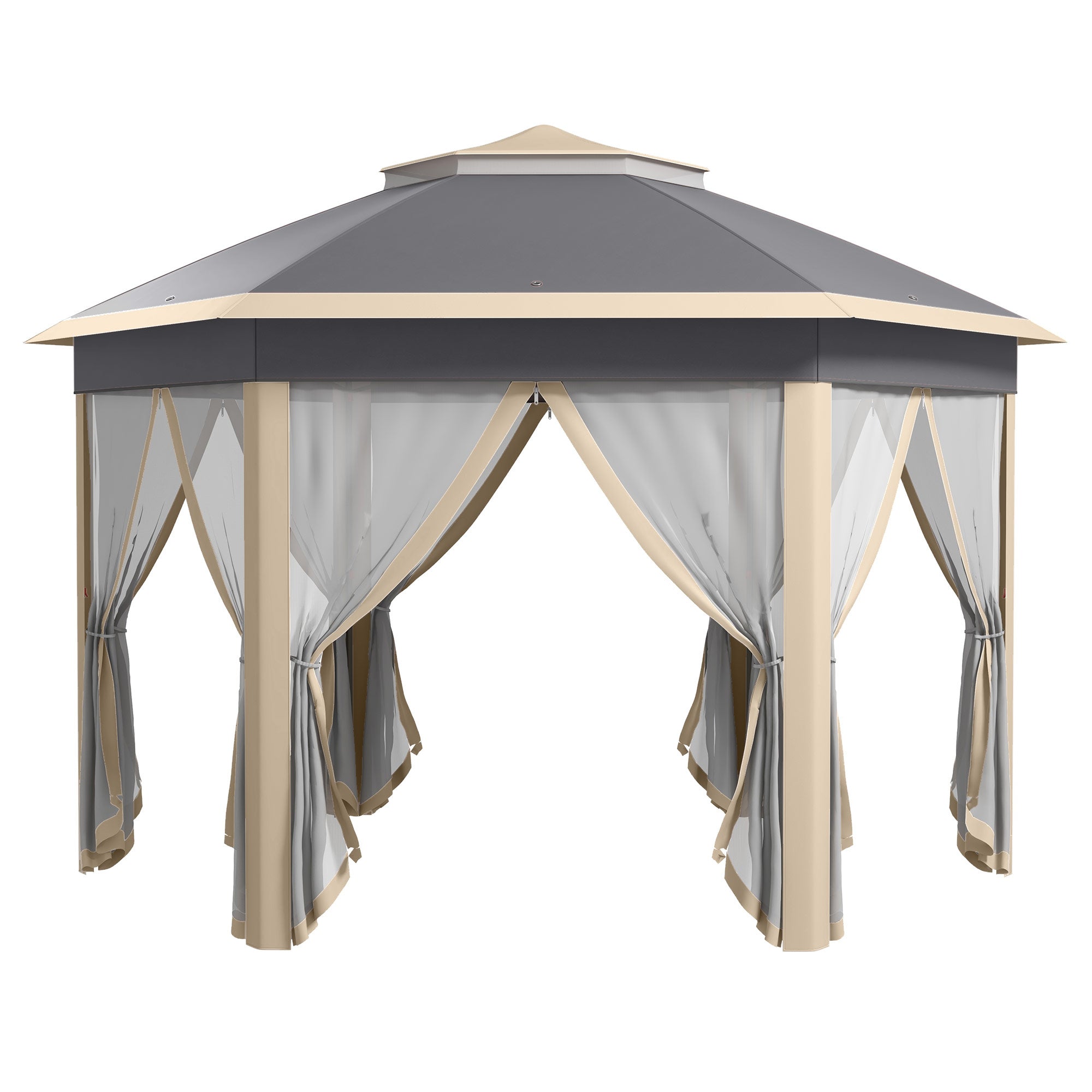 Pop-up Folding Pavilion, Hexagonal 4x4m Water UV-Resistant Double Roof, Polyester Beige/Khaki
