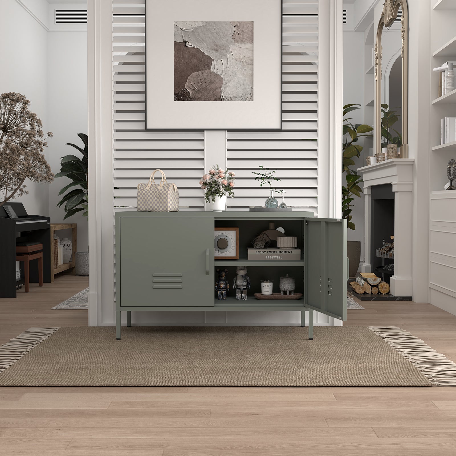 Metal Storage Cabinet with Adjustable Dividers and Cable Management, Green