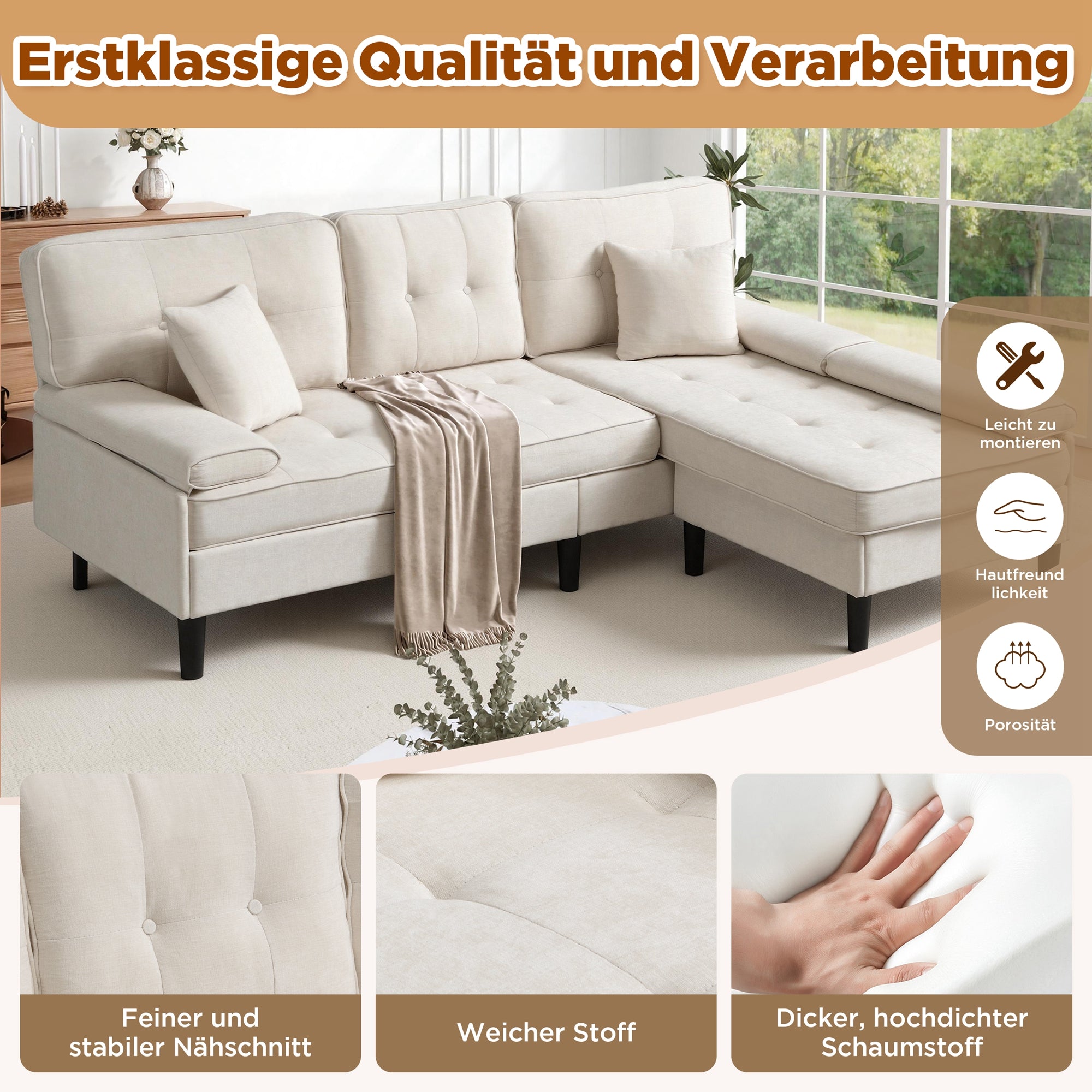 L-Shaped Corner Sofa 3-Seater Sleeper Sofa Bed w/ Chaise & Movable Footrest 195cm - Chenille