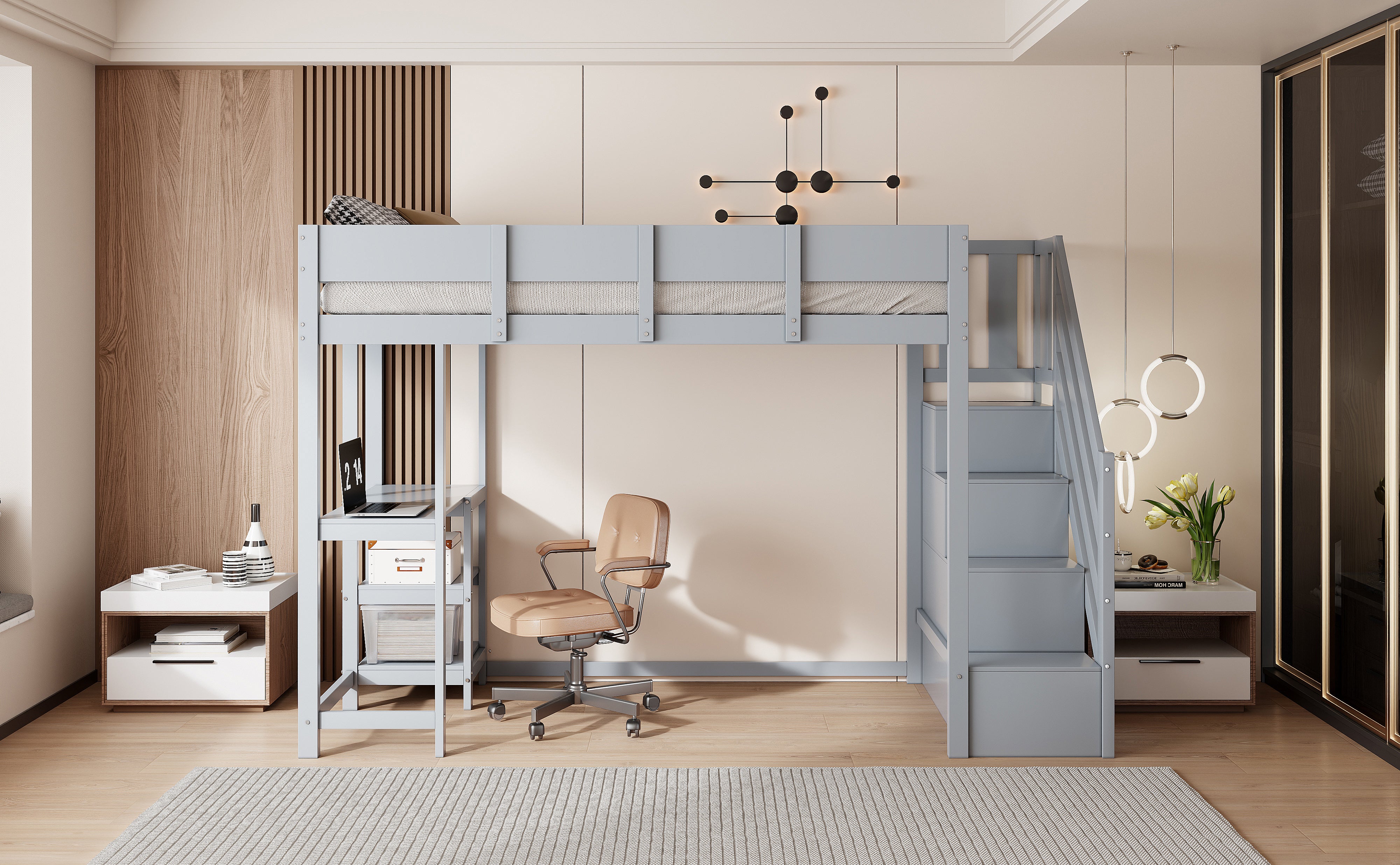 Bunk Bed, Multifunctional Loft with Storage & Shelf, Solid Pine Wood, Grey