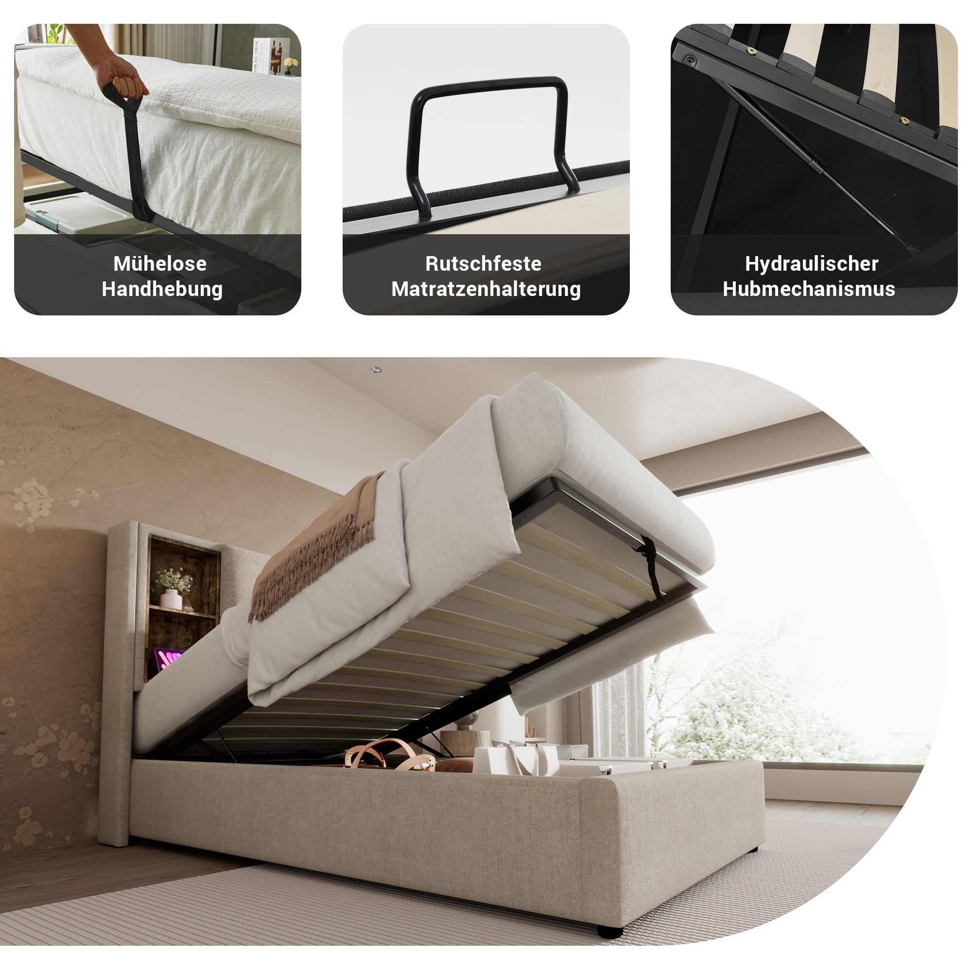 Single Bed, 90x200cm Upholstered with Wireless USB-C Charging, Storage & Wood Slats, Natural Linen