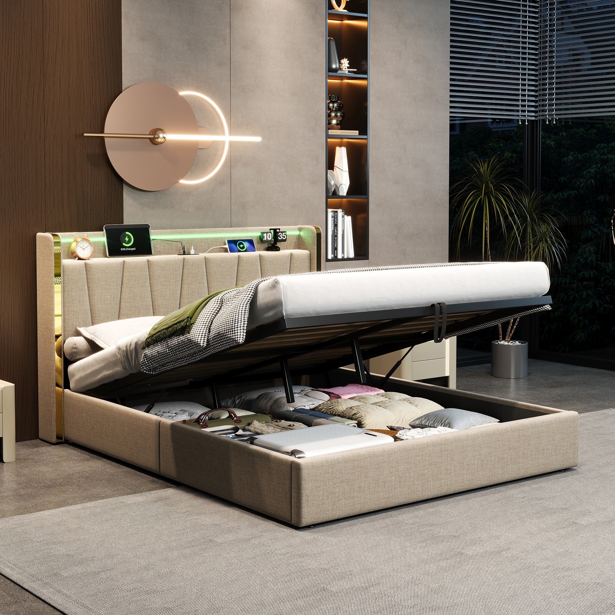 4ft6 Double Upholstered Bed Frame with Hydraulic Storage, LED Headboard & Charging Station, Beige Linen