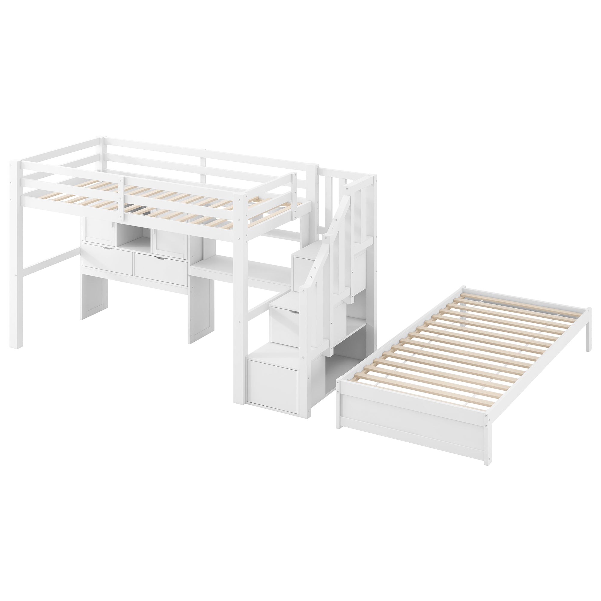 Loft Bed 90x200cm Desk Stairs Storage Shelves - White