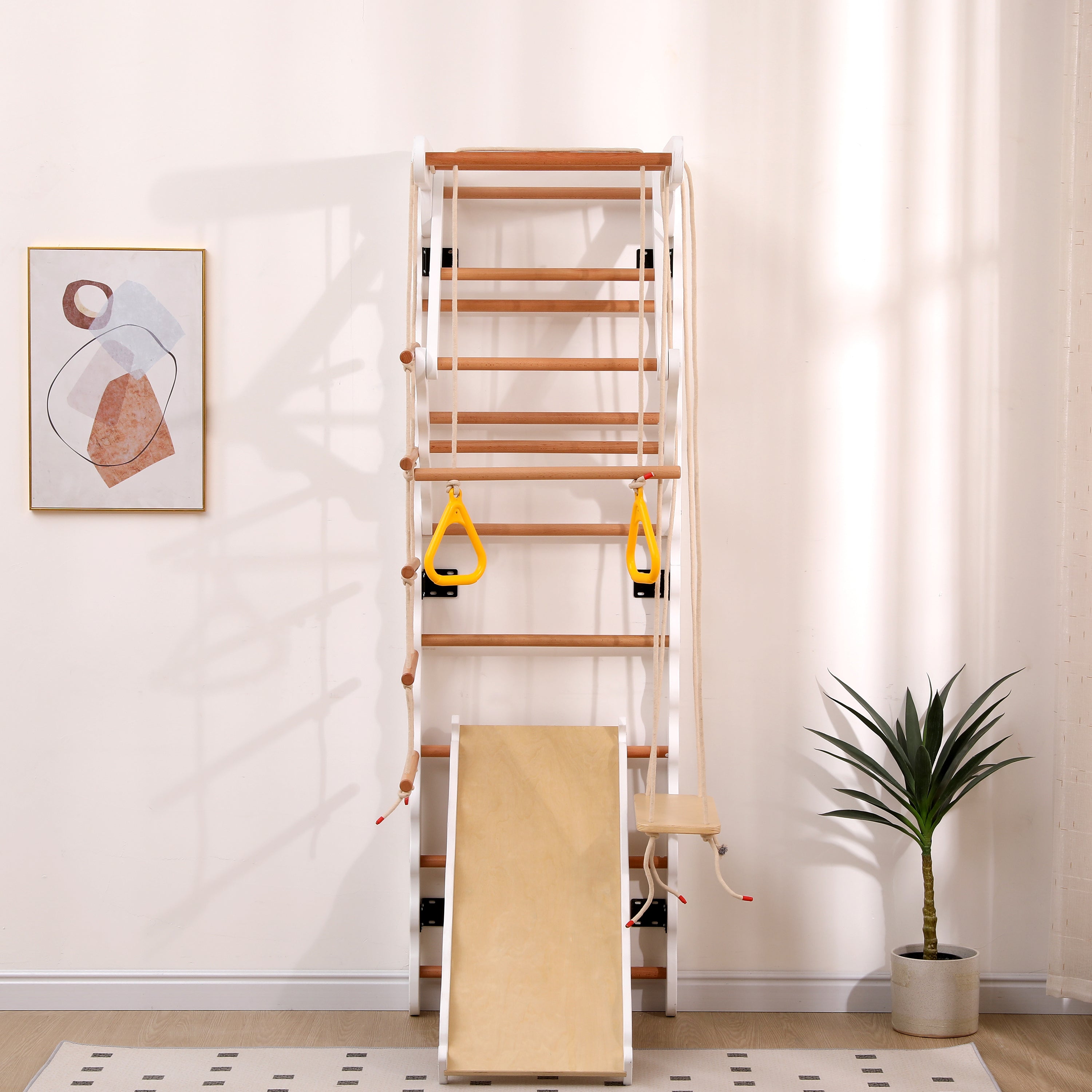 6-in-1 multifunctional climbing frame, wall bars, slide, swing, crawling ladder, pull-up area, rings, 50 kg, plywood, solid wood, beech