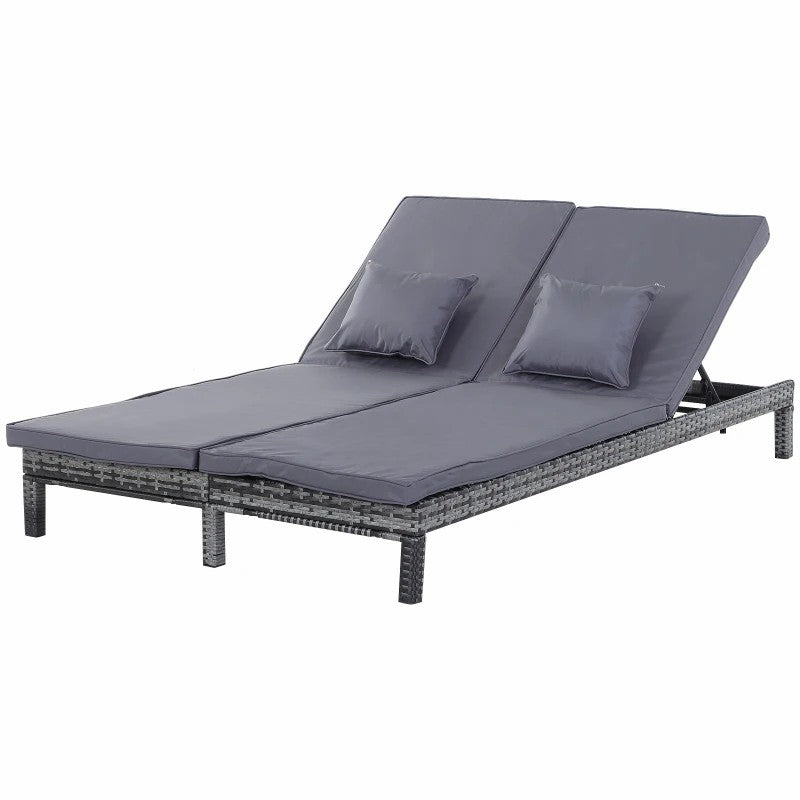 2 Seater Rattan Lounger Adjustable Double Chaise with Cushion - Grey
