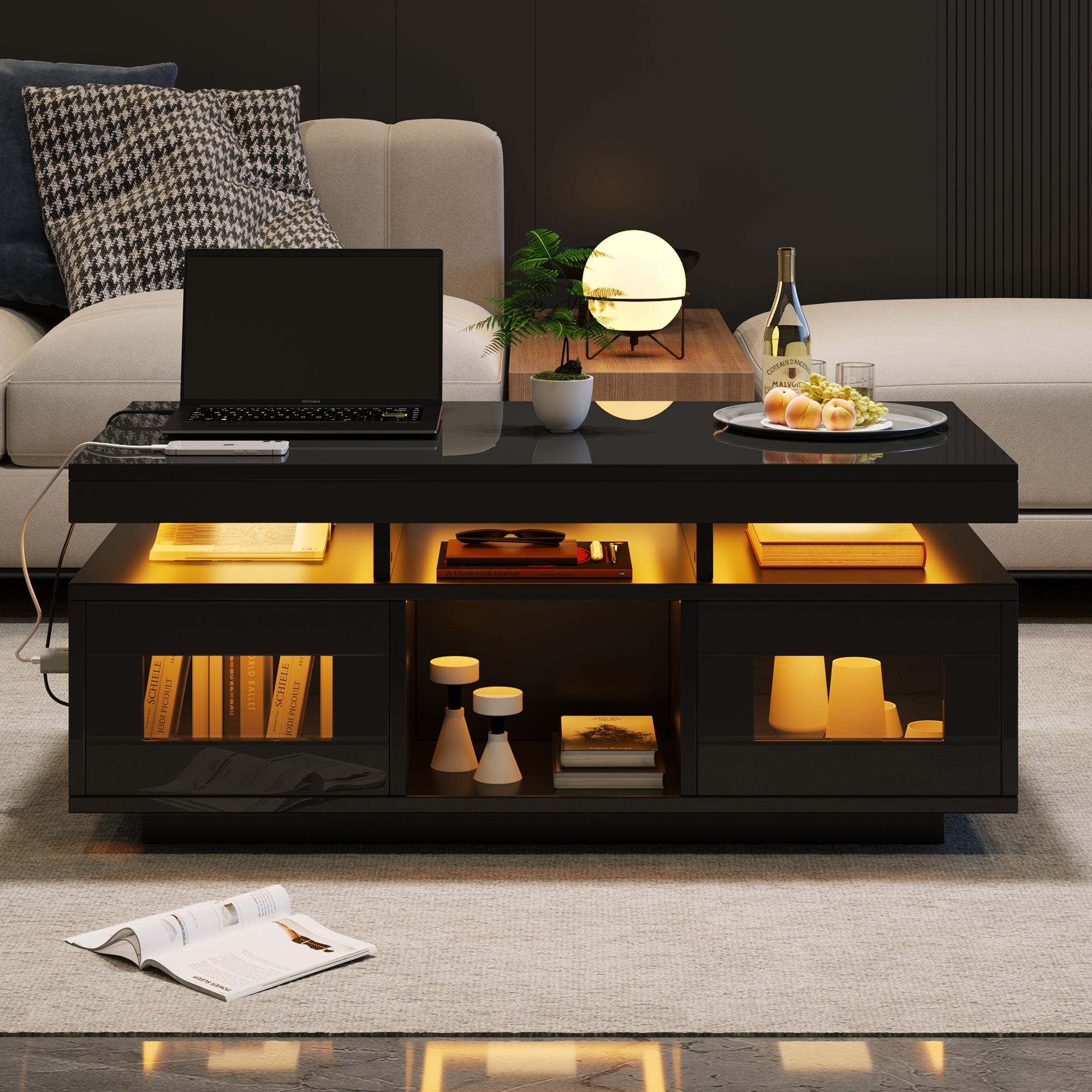 Coffee Table 100x50x43cm High-Gloss LED Lights Charging Port Black