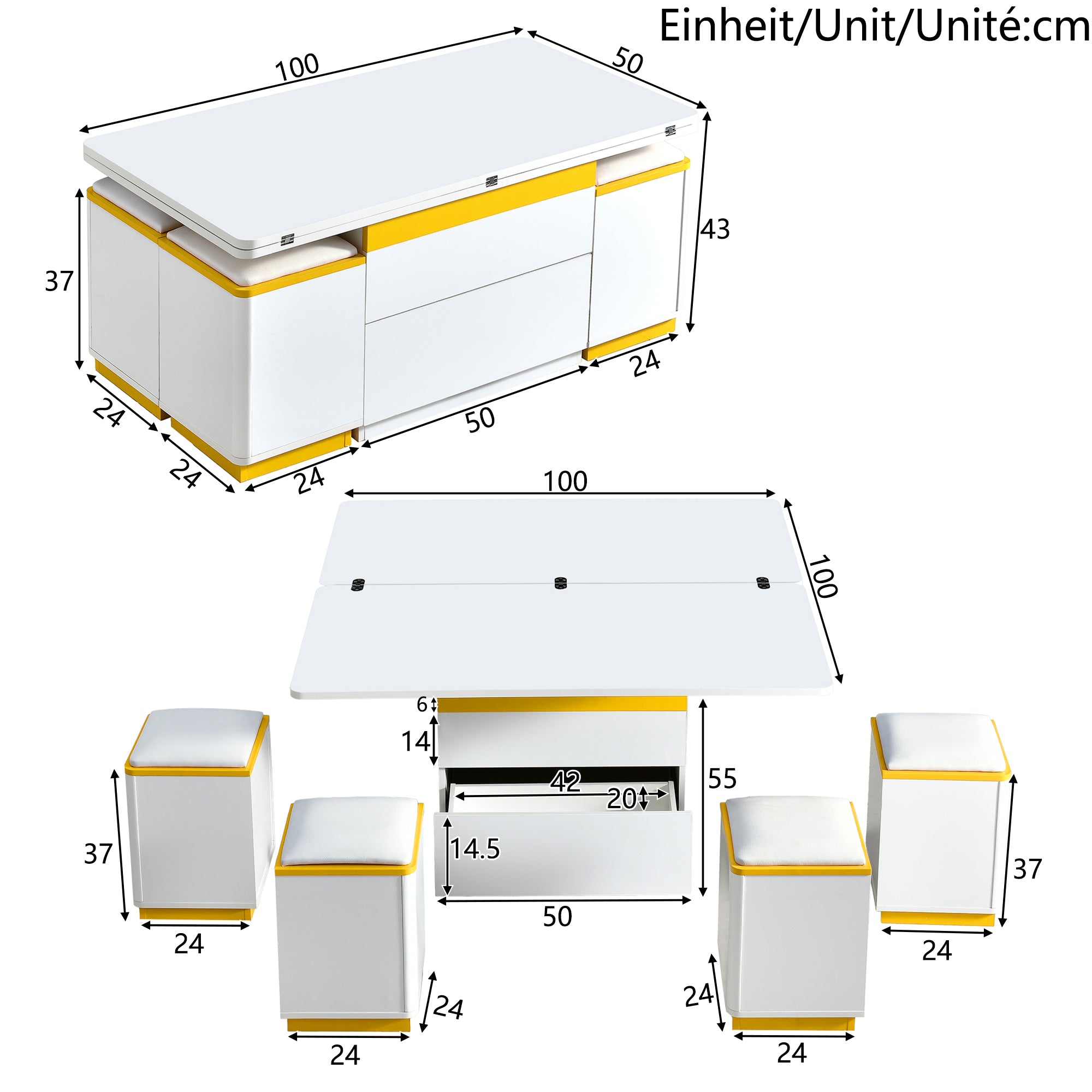 Coffee Table Multifunctional High-Gloss Adjustable Foldable Dining 100x50x43cm - White