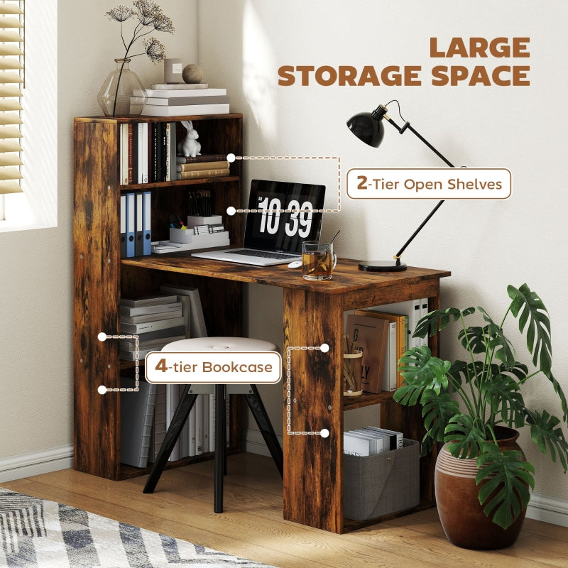 Computer Desk 120cm with 6-Tier Bookshelves, Rustic Brown Wood-Effect