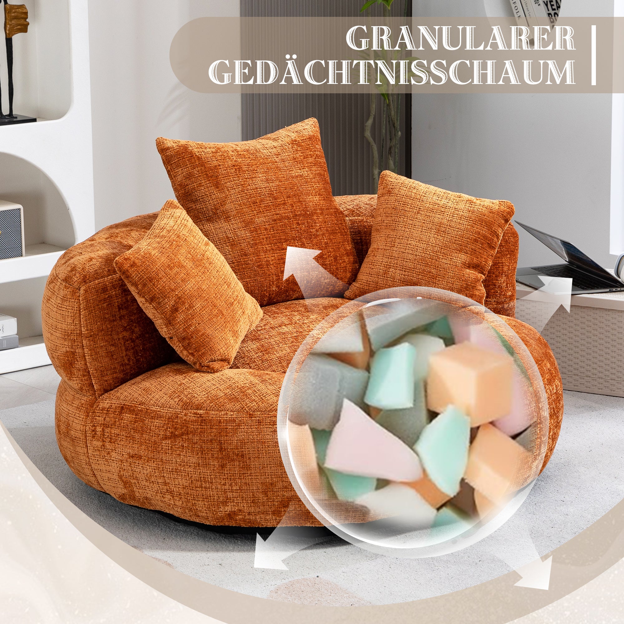 Lazy Sofa High Back Bean Bag Chair Couch, Durable Comfort Indoor/Outdoor, Orange Chenille