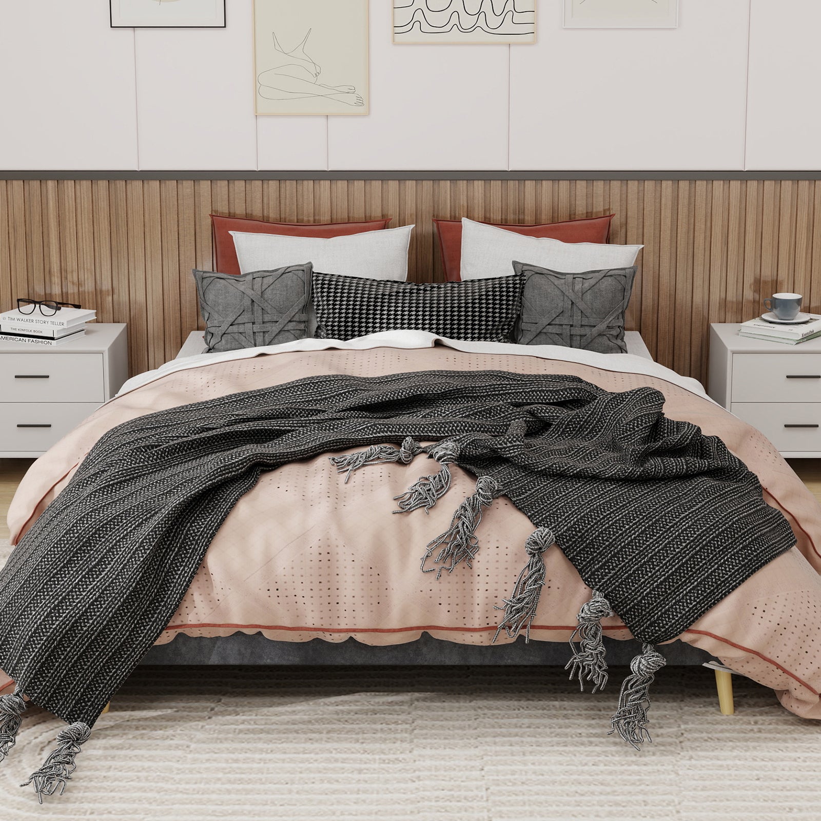 Modern Minimalist Bed Frame, 160x200 cm Low-Profile, Grey Dutch Velvet Fabric