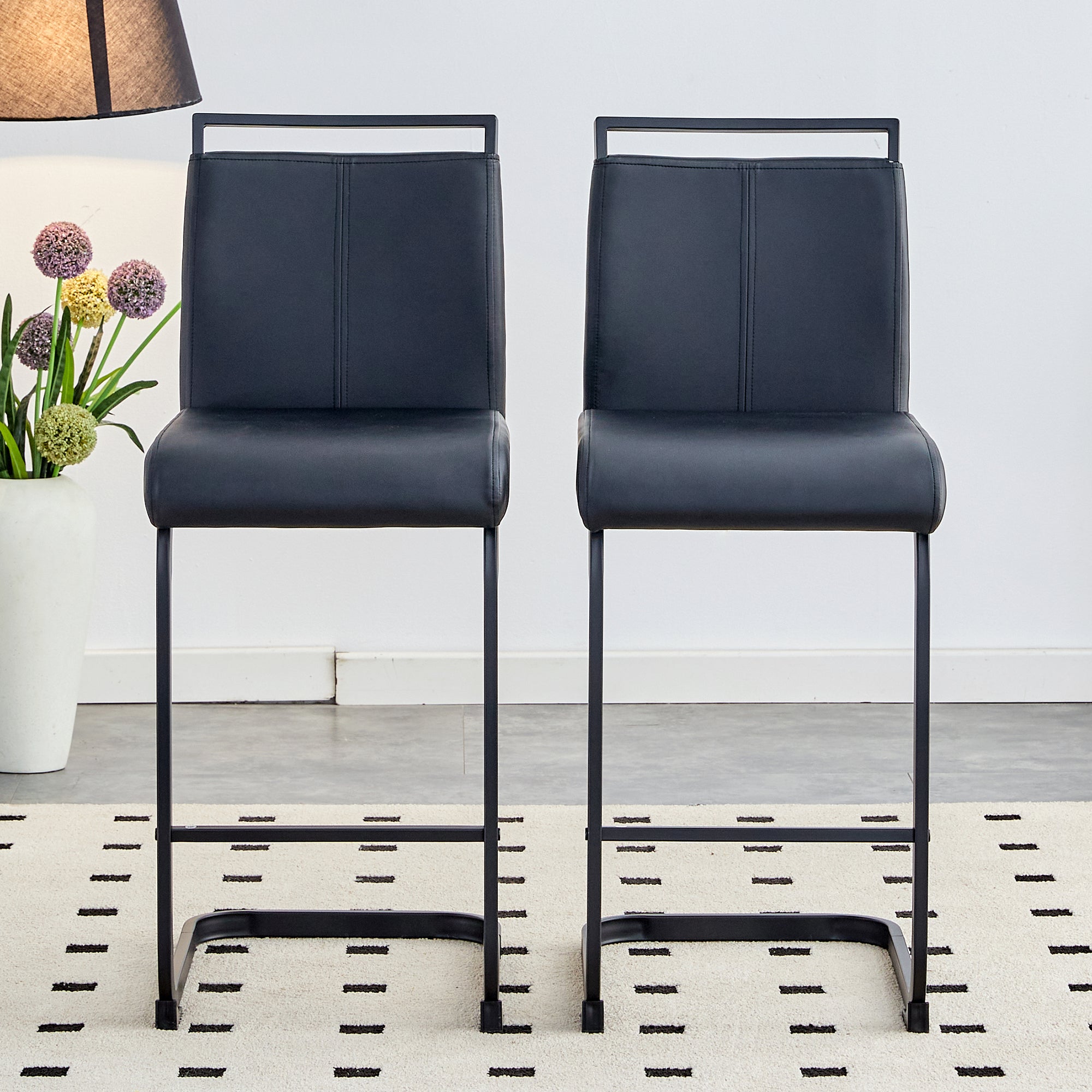 Nordic-Style Bar Stools, Set of 2, 96.5 cm Height, Black Faux Leather
