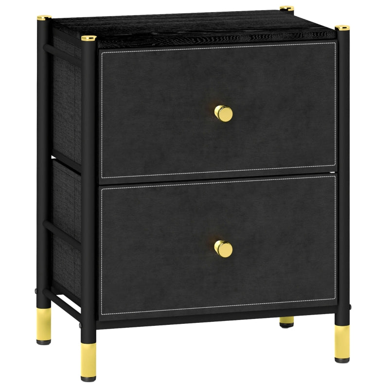 Bedside Table Two Drawers Storage Faux Leather Black