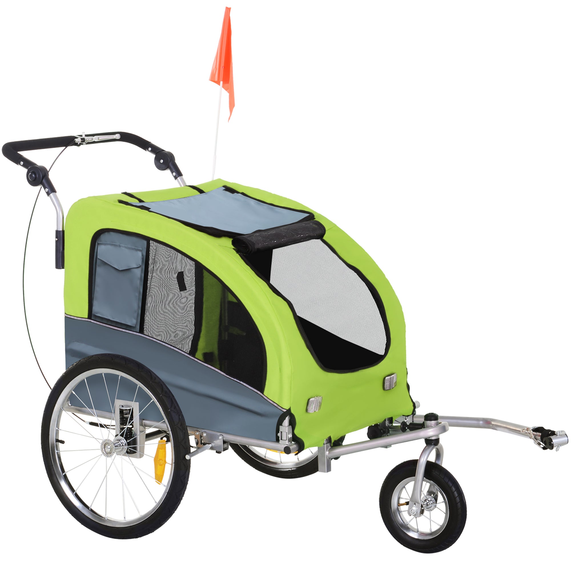 Dog Trailer Jogger Bike Trailer, Large & Sturdy, with Safety Flag, Green+Gray