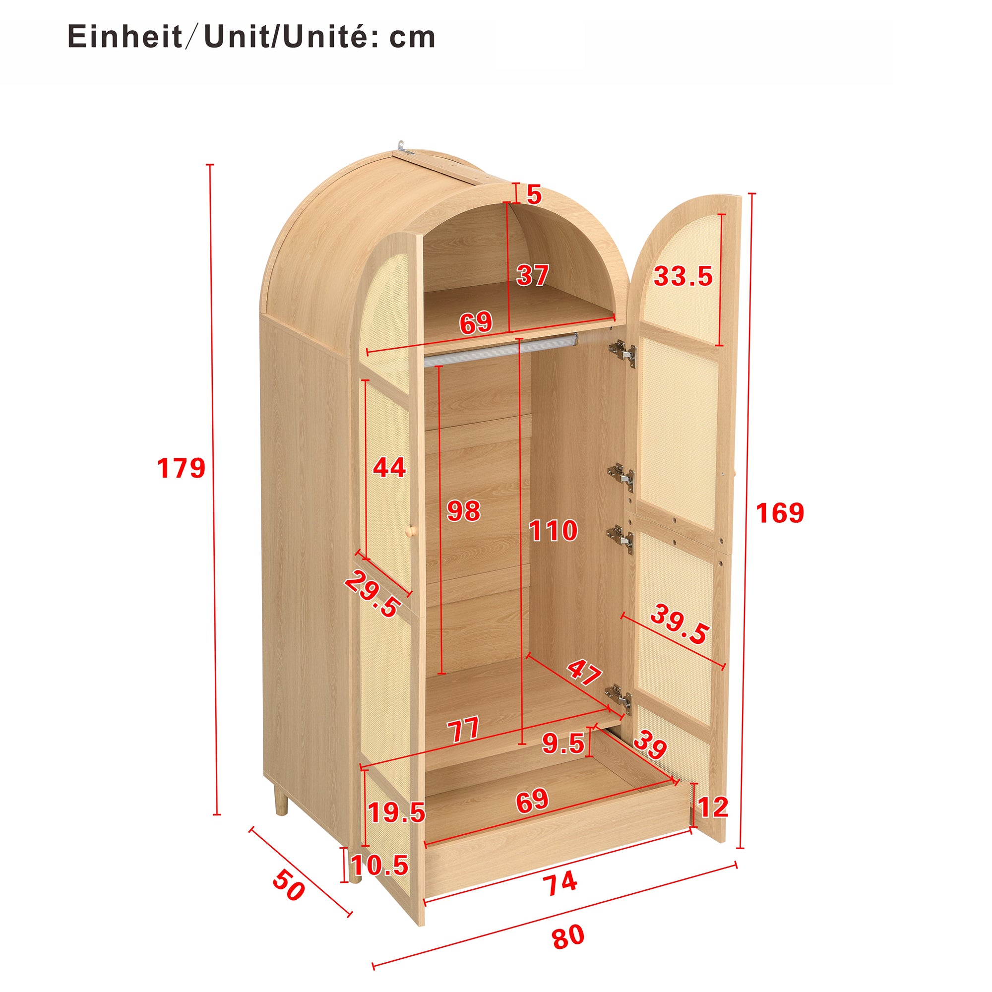 Modern Wardrobe with Curved Doors, Clothes Rail & Drawers, Natural Wood