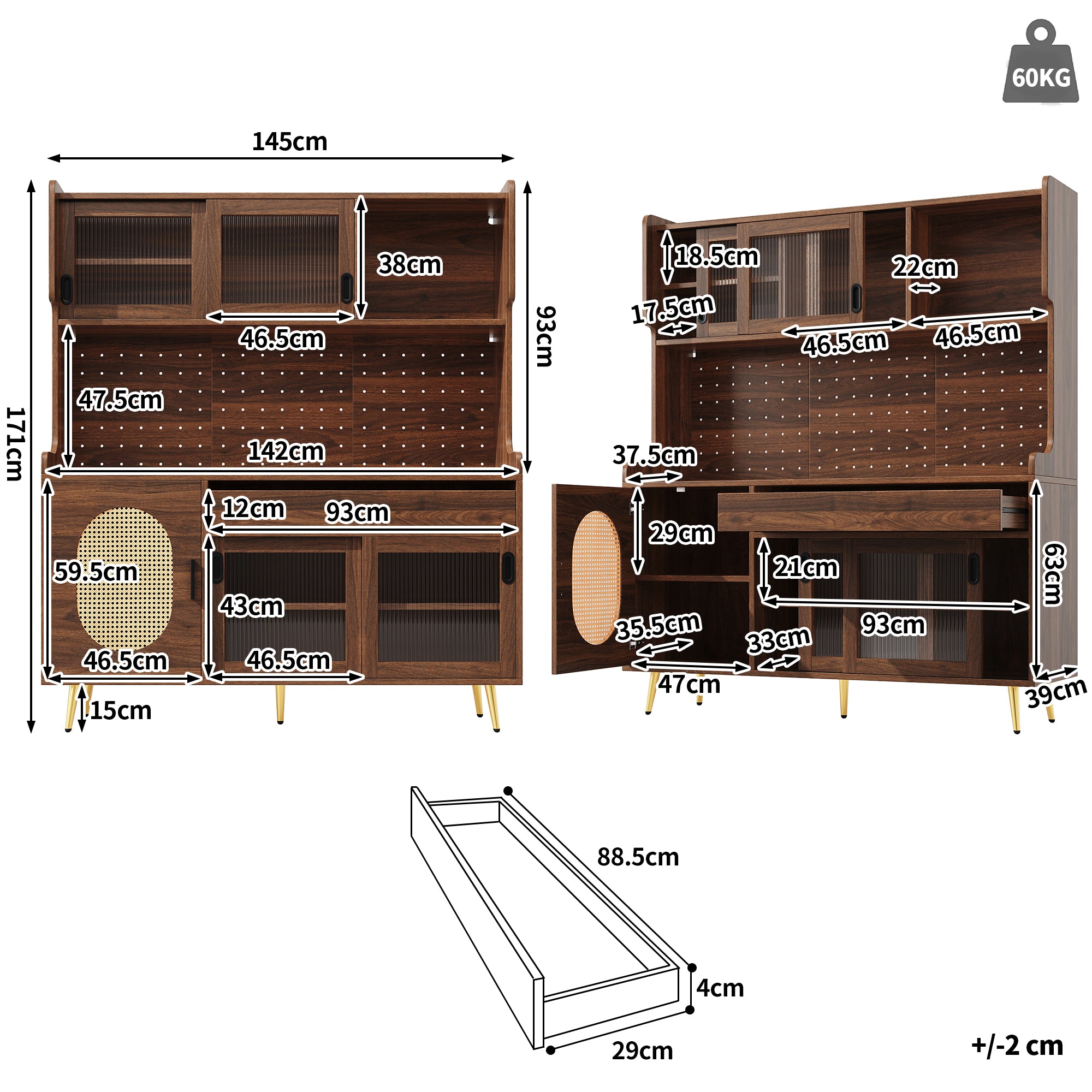 Sideboard Kitchen Buffet Cabinet with LED Strip and Fluted Glass Doors, Brown and Black