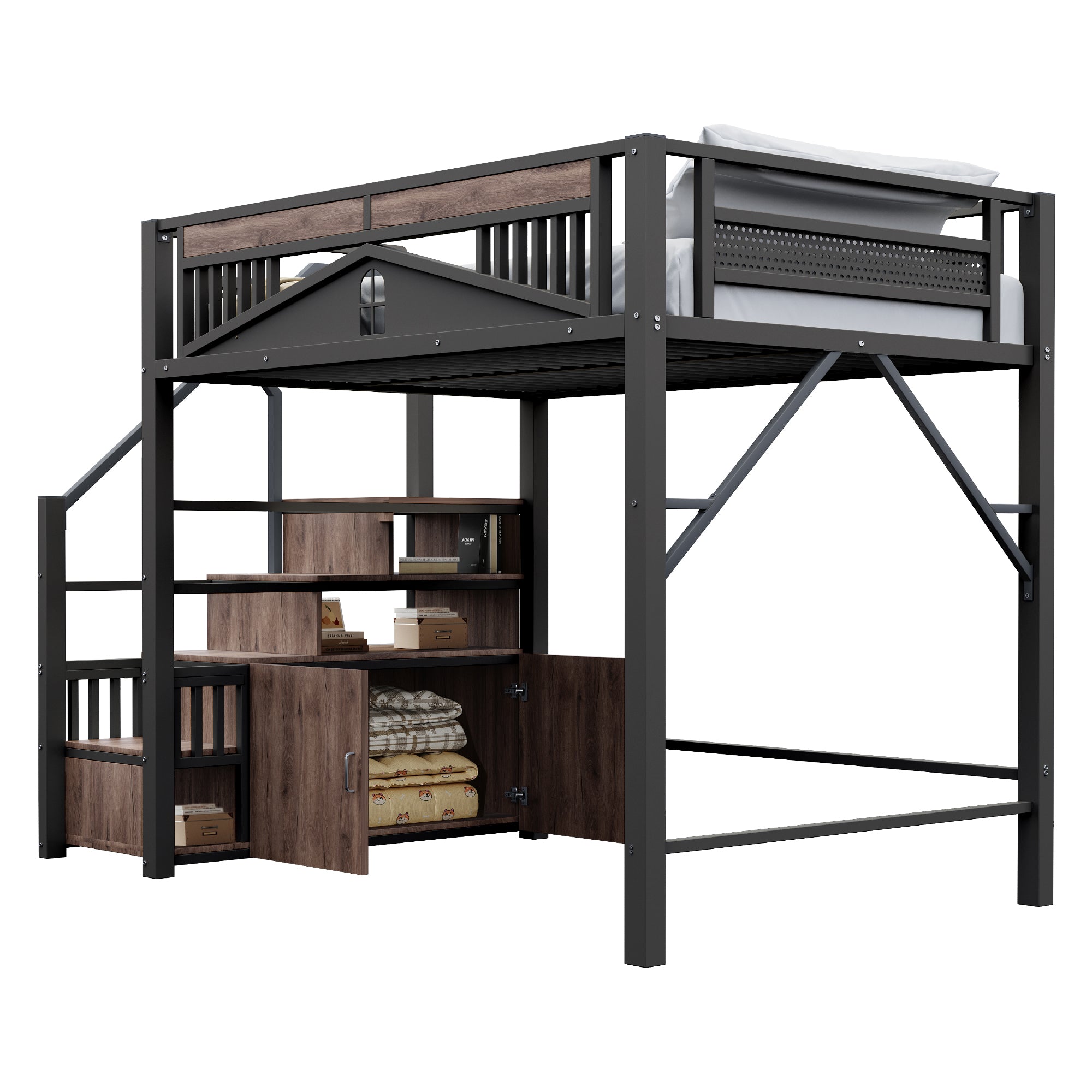 Metal Loft Bed with Safety Enclosure, Window, & Ladder, 140x200cm, Black