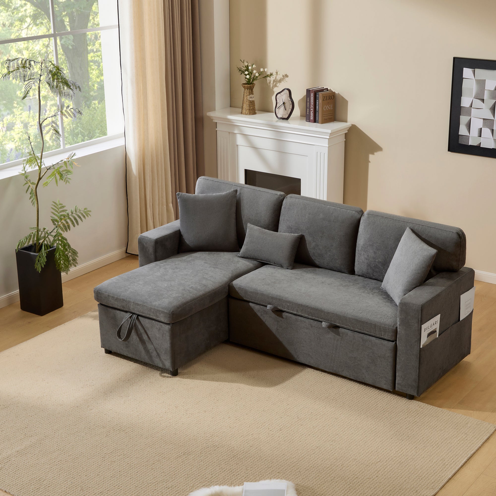 Corner Sofa Bed, L-Shaped Extendable with Storage & Shelf, Dark Grey