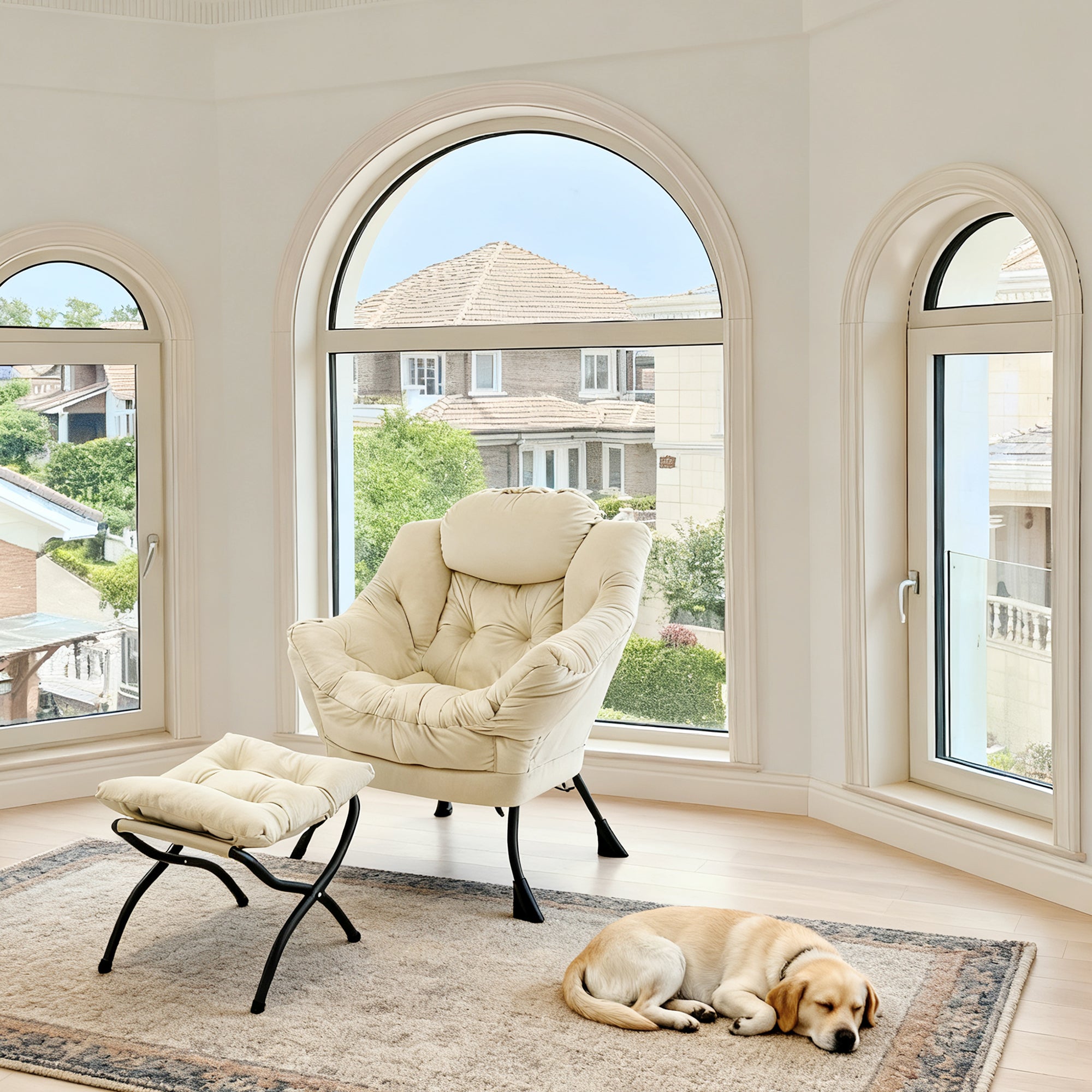 Armchair with Footstool, Recliner with Armrests & Side Pocket, Beige