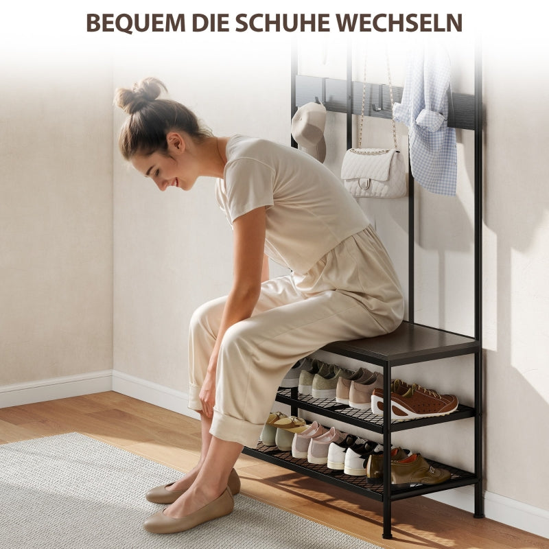 3-in-1 coat rack, coat hook, bench, shoe rack, metal, chipboard, black