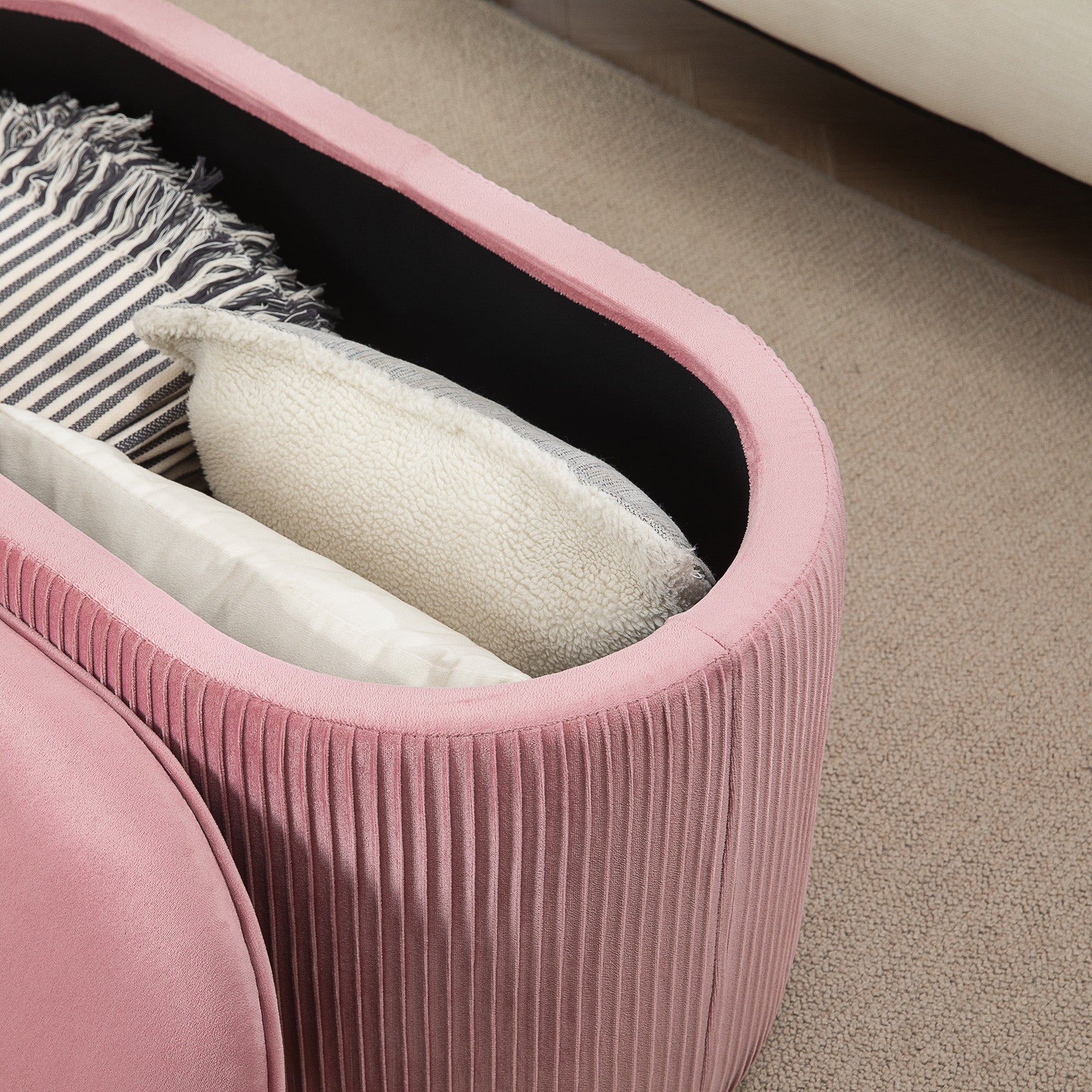 Upholstered Bench with Storage, French Style Velvet Cover, Pink