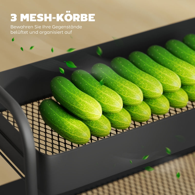 Kitchen Trolley 3 Baskets 4 Wheels - Metal Black